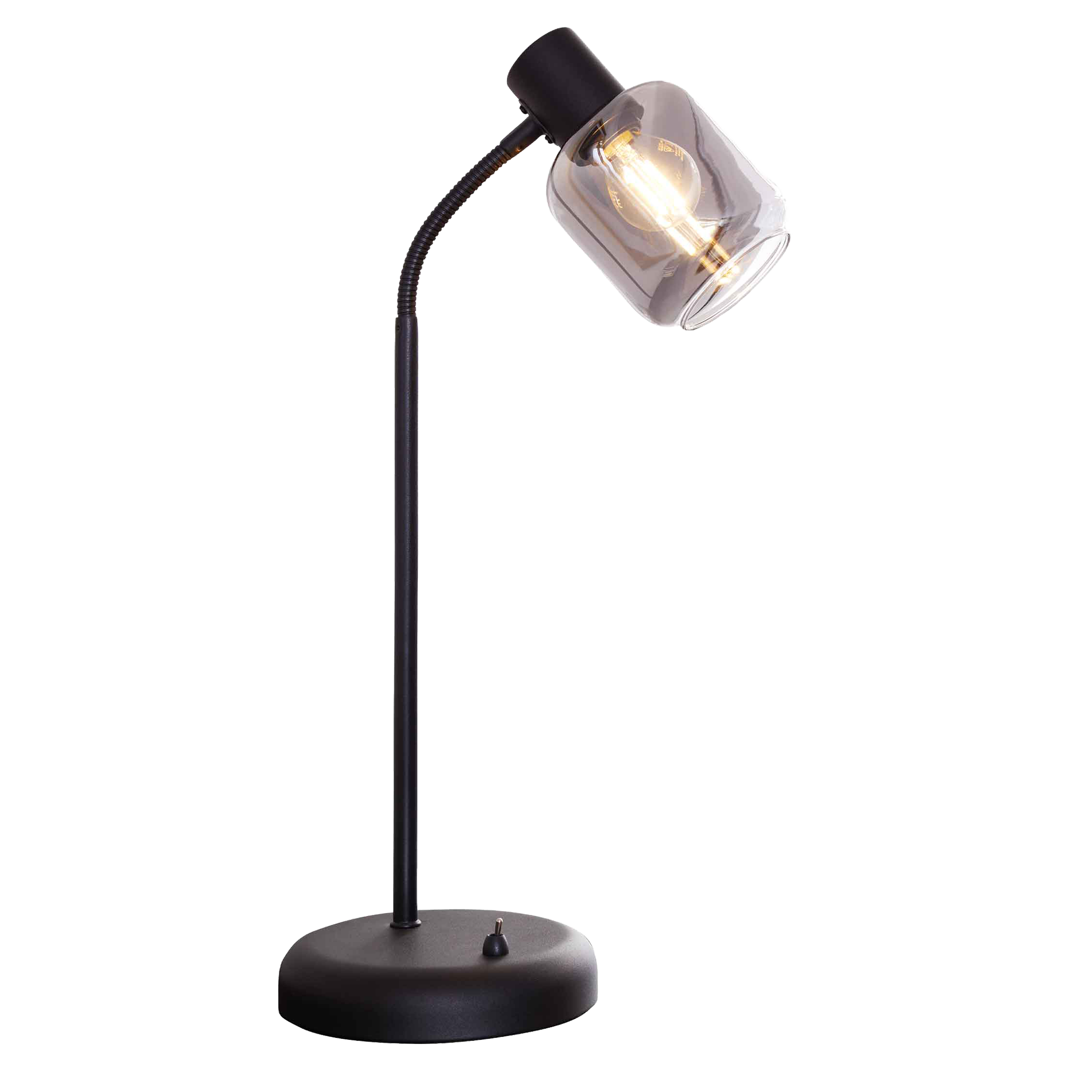 Schwarze Tischlampe mit rundem Sockel, schlankem Schaft, flexiblem Gelenk und rauchfarbener Glasfassung mit sichtbarer Leuchtfadenbirne.