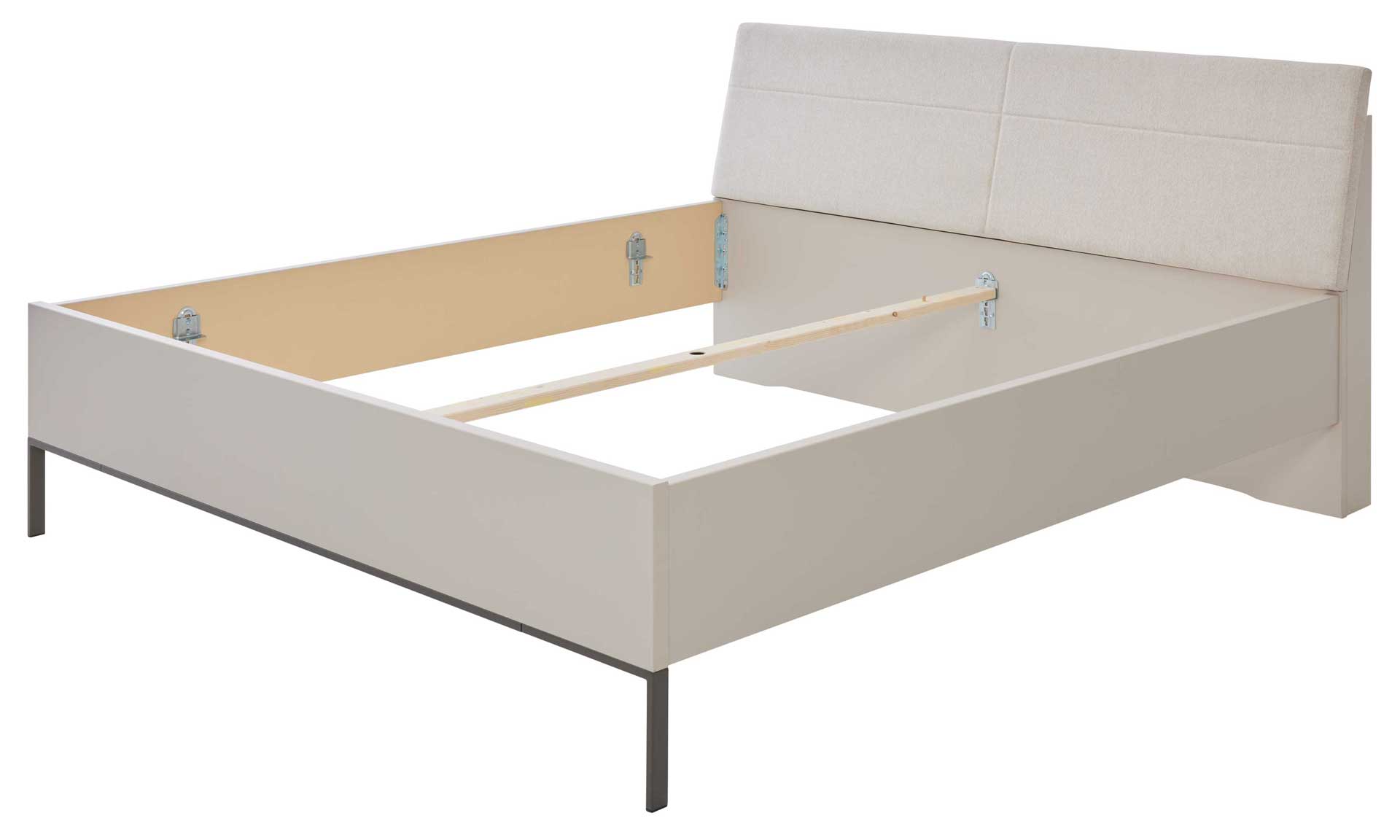 Schlafzimmer mit Doppelbett, Nachtkonsolen und Kleiderschrank in Graubeige und Kernholz