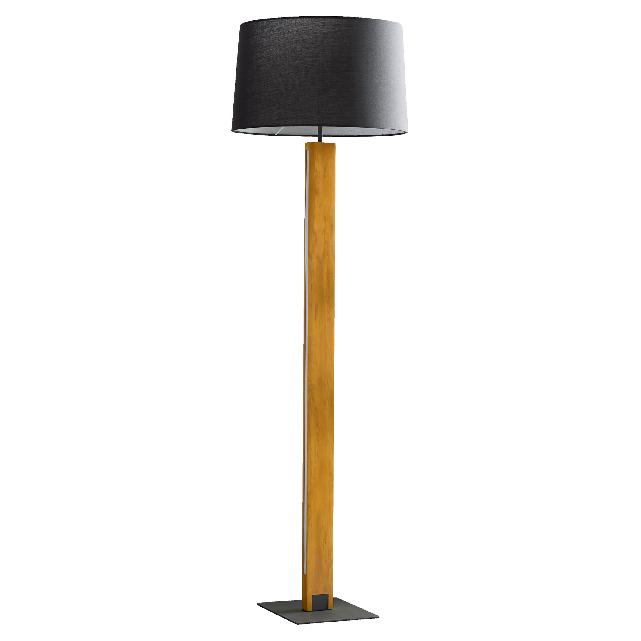 Stehlampe mit schwarzem Zylinderschirm, schlankem rechteckigem Holzstamm, sichtbarem Kabel und schwarzer quadratischer Metallbasis.