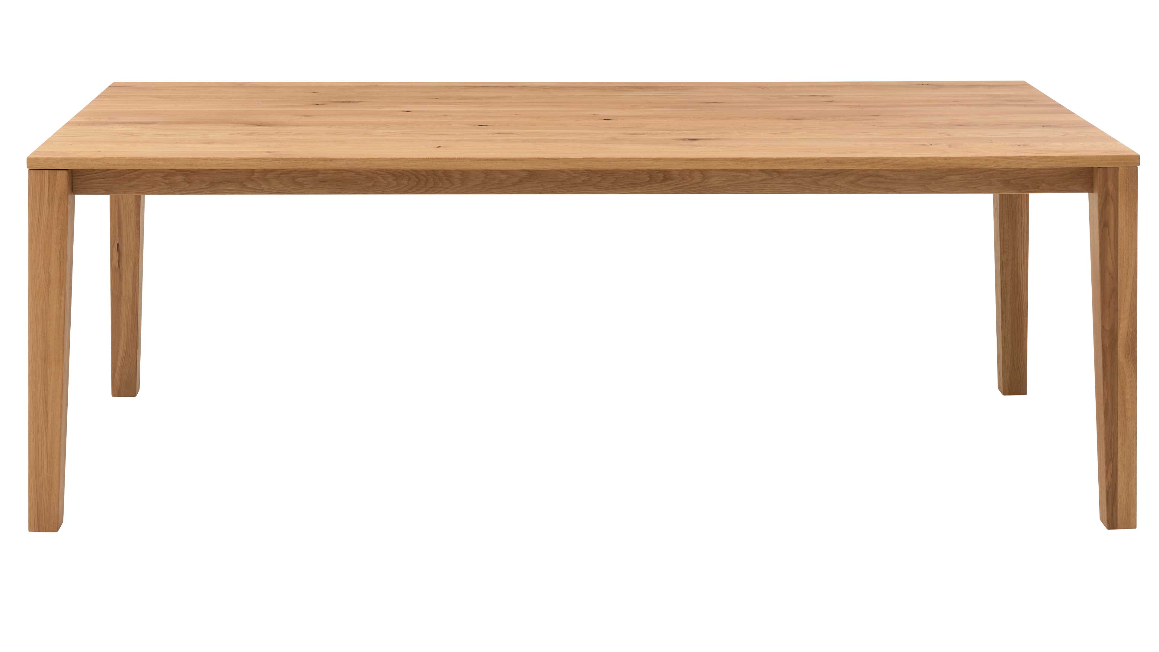 Rechteckiger Esstisch aus hellem Holz mit sichtbarer Maserung, flachem Tischblatt und vier eckigen, geraden Beinen.