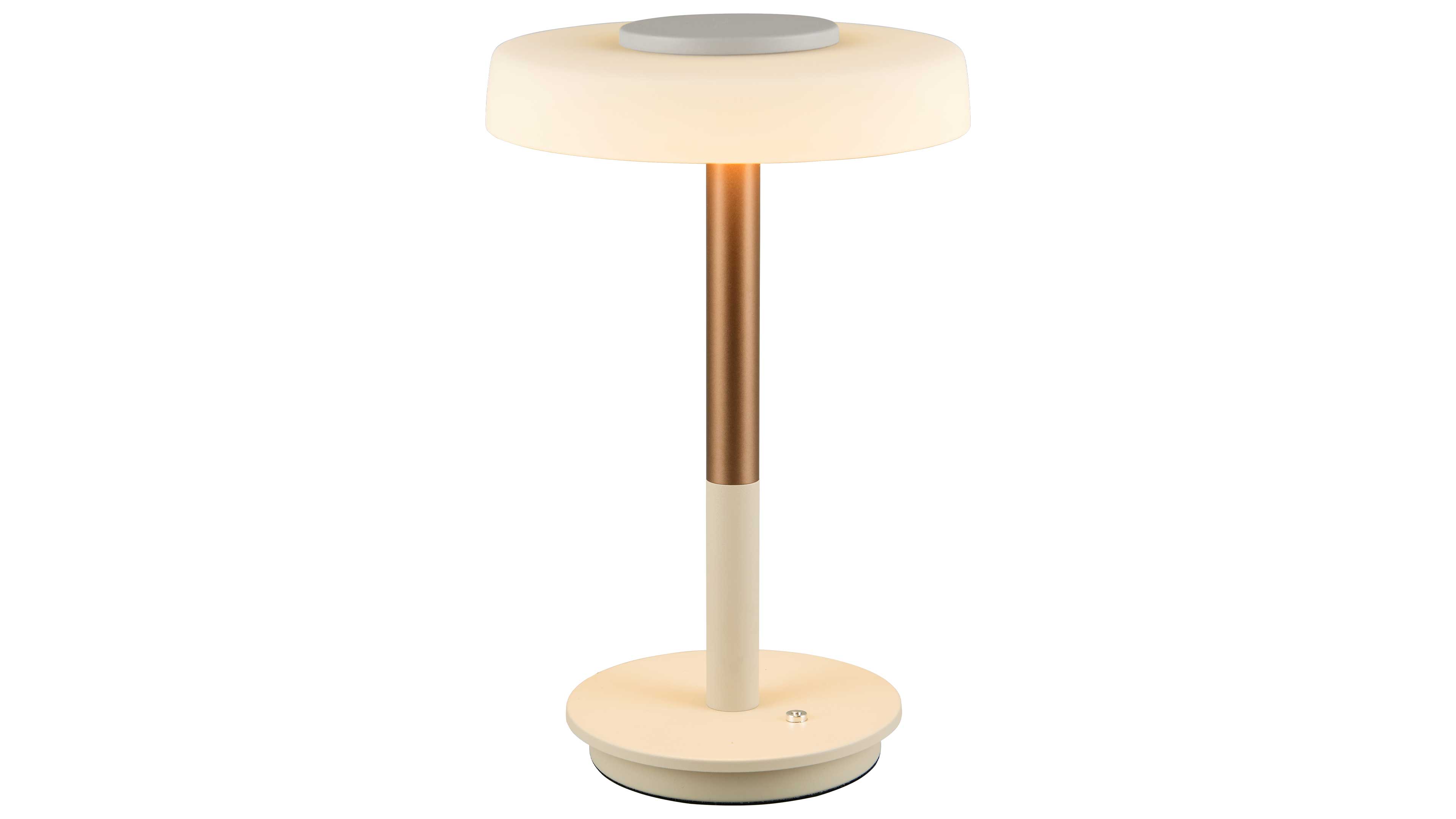 Tischlampe mit runder beiger Basis und kleinem Schalter, zweifarbiger Stange in Bronze/Creme und rundem opalweißen Lampenschirm.