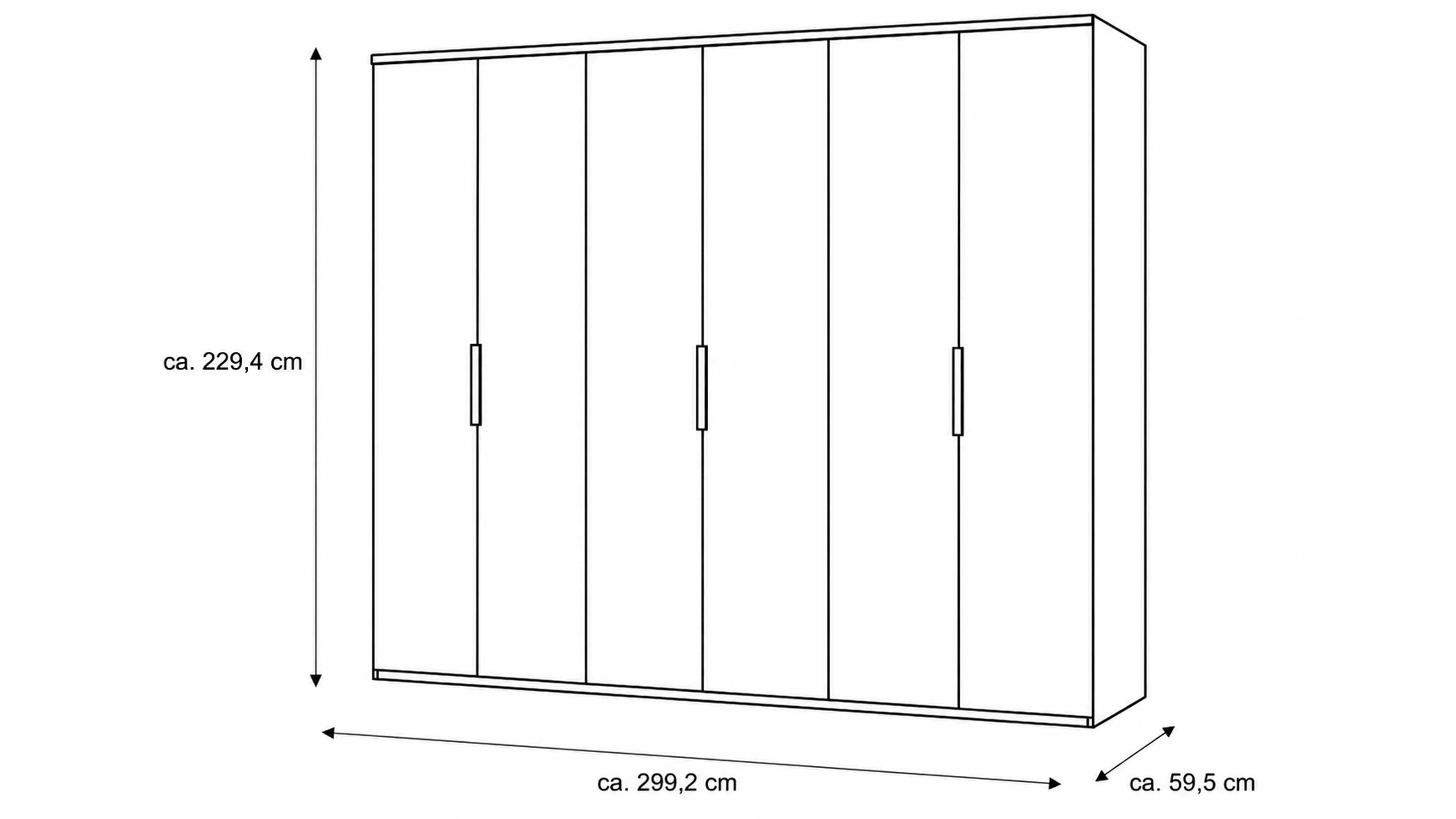 Drehtürenschrank mit seidengrauem Glas und mattem Basalt, viel Platz hinter sechs Türen