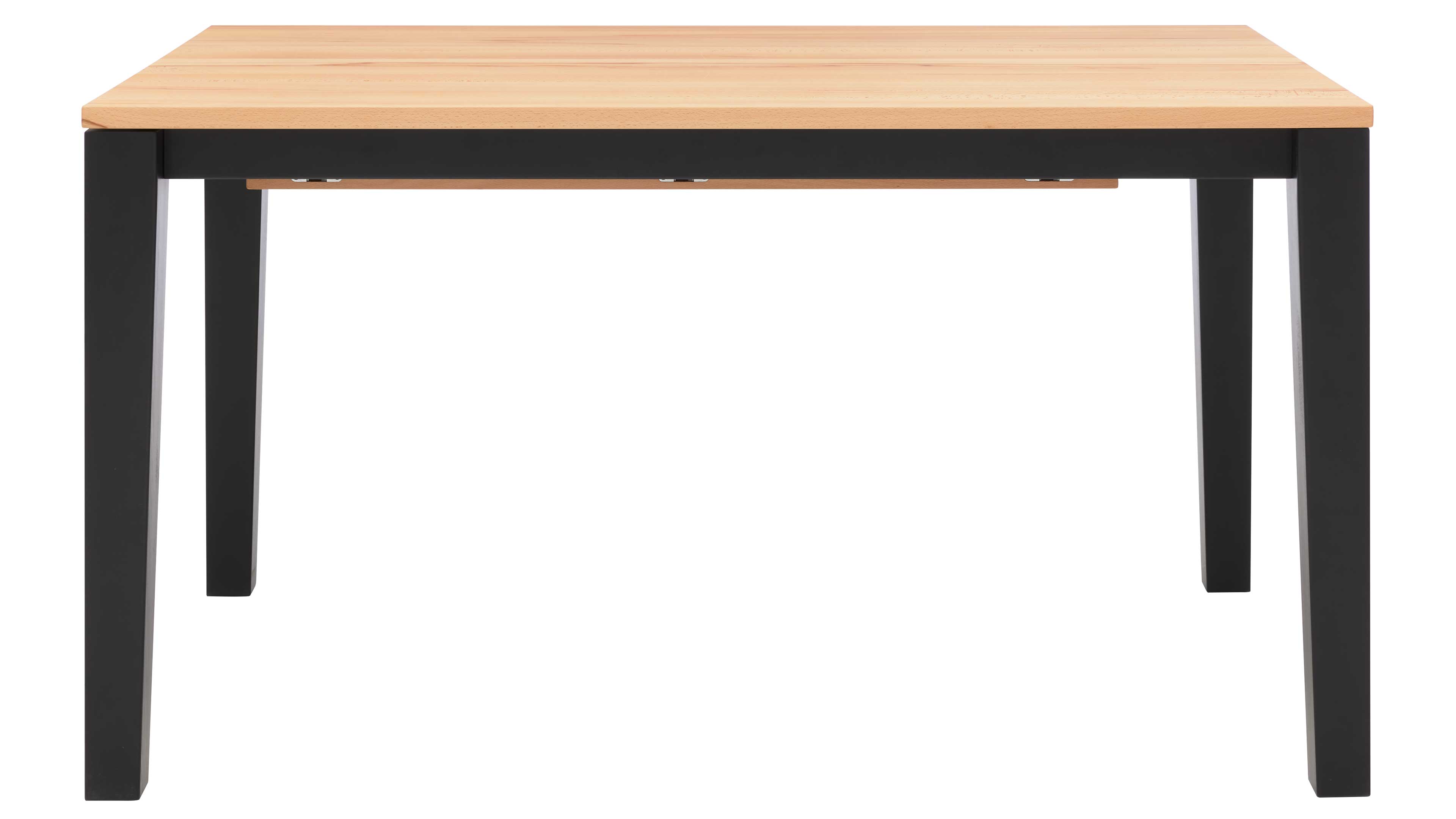 Rechteckiger Tisch mit hellem Holzplattentop und schwarzem Untergestell, vier sichtbare schwarze Tischbeine auf weißem Hintergrund.