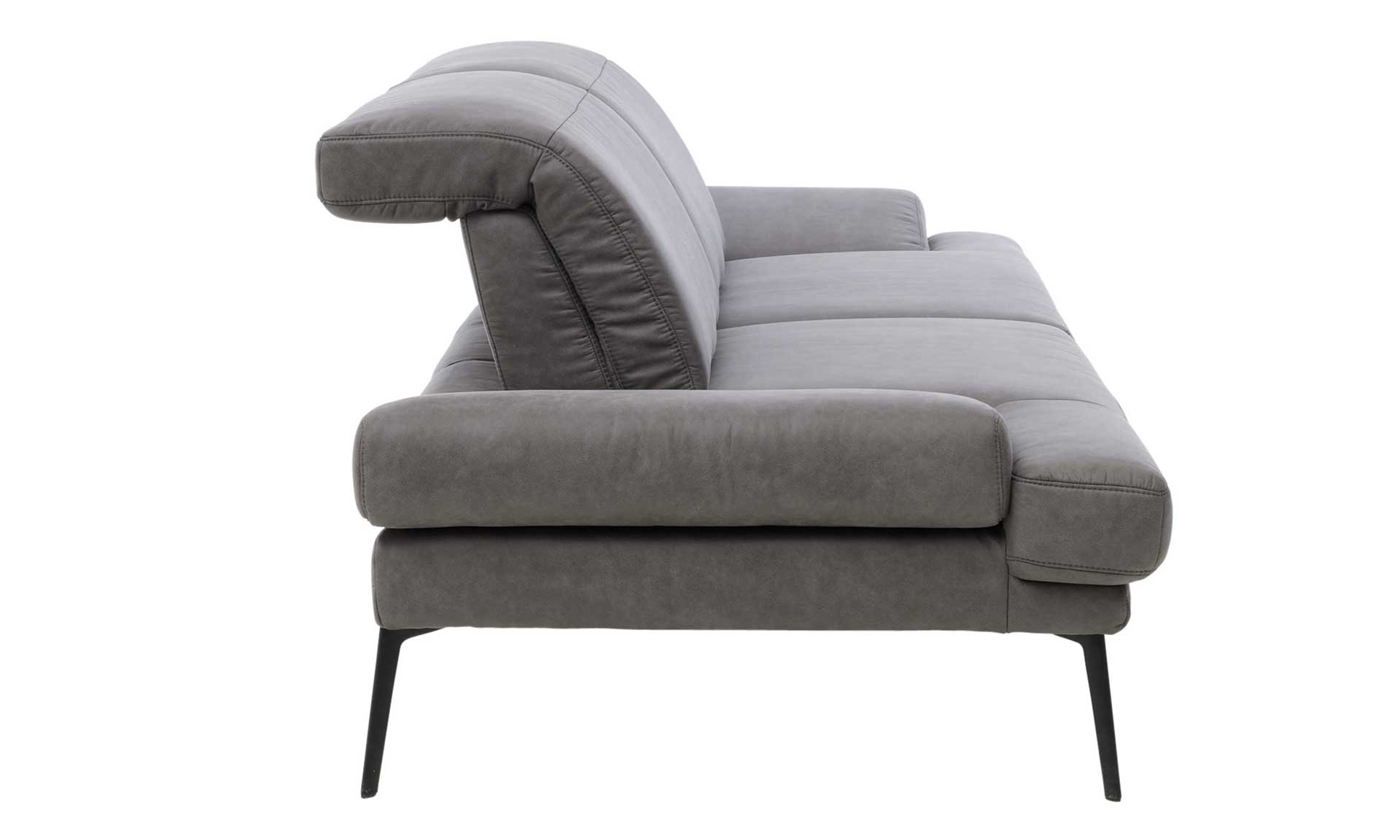 Zweisitzer-Sofa mit dunkelgrauem Stoffbezug und schwarzen Metallfüßen