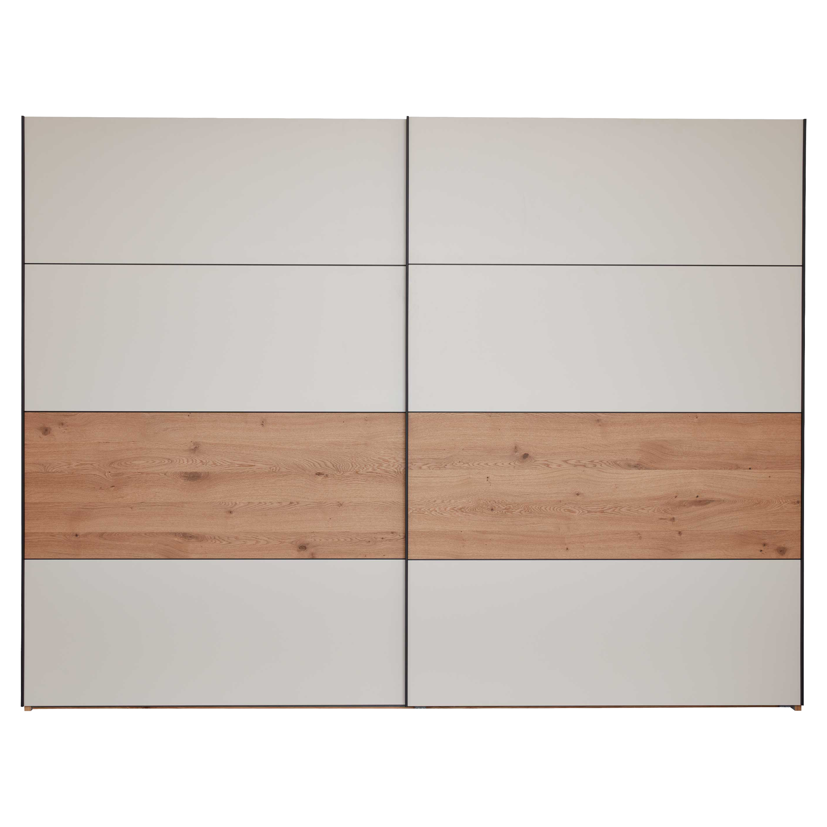 Zweitüriger Kleiderschrank mit hellgrauen, horizontal gegliederten Fronten und mittig durchlaufendem Holzstreifen über beide Türen.