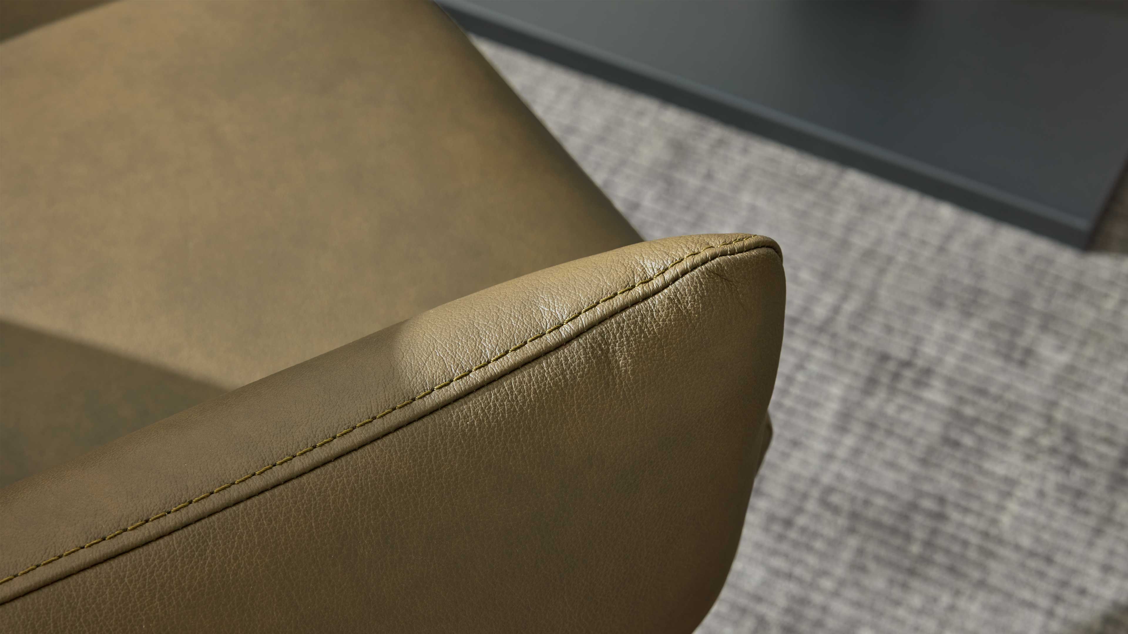 Vorderer Blick auf eine olivbraune, genarbte Armlehne eines Sofas mit sichtbarer Ziernaht, im Hintergrund Teppich.