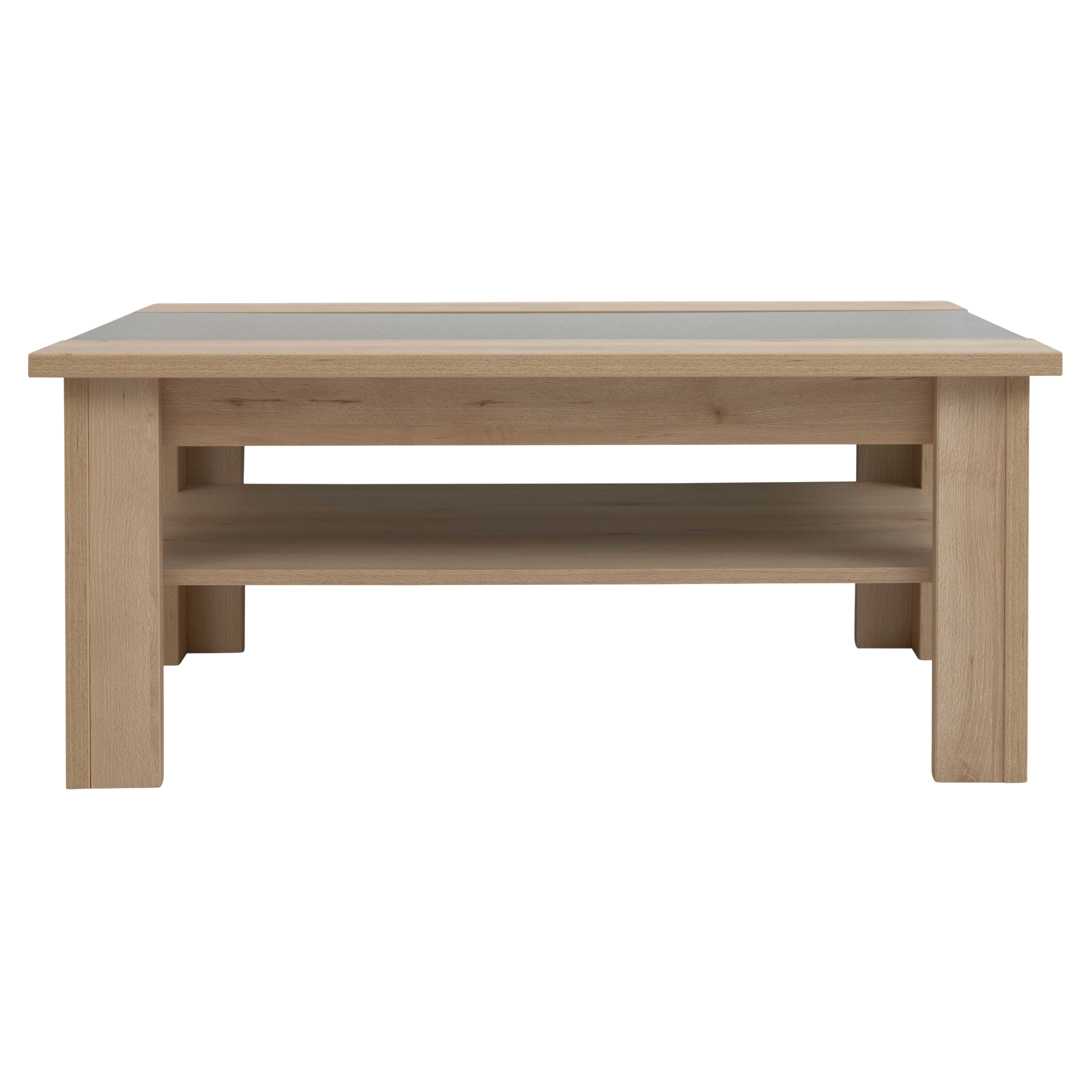 Rechteckiger Couchtisch aus hellem Holz mit breiter Tischplatte, mittigem grauen Einsatzelement und durchgehendem Ablageboden darunter.