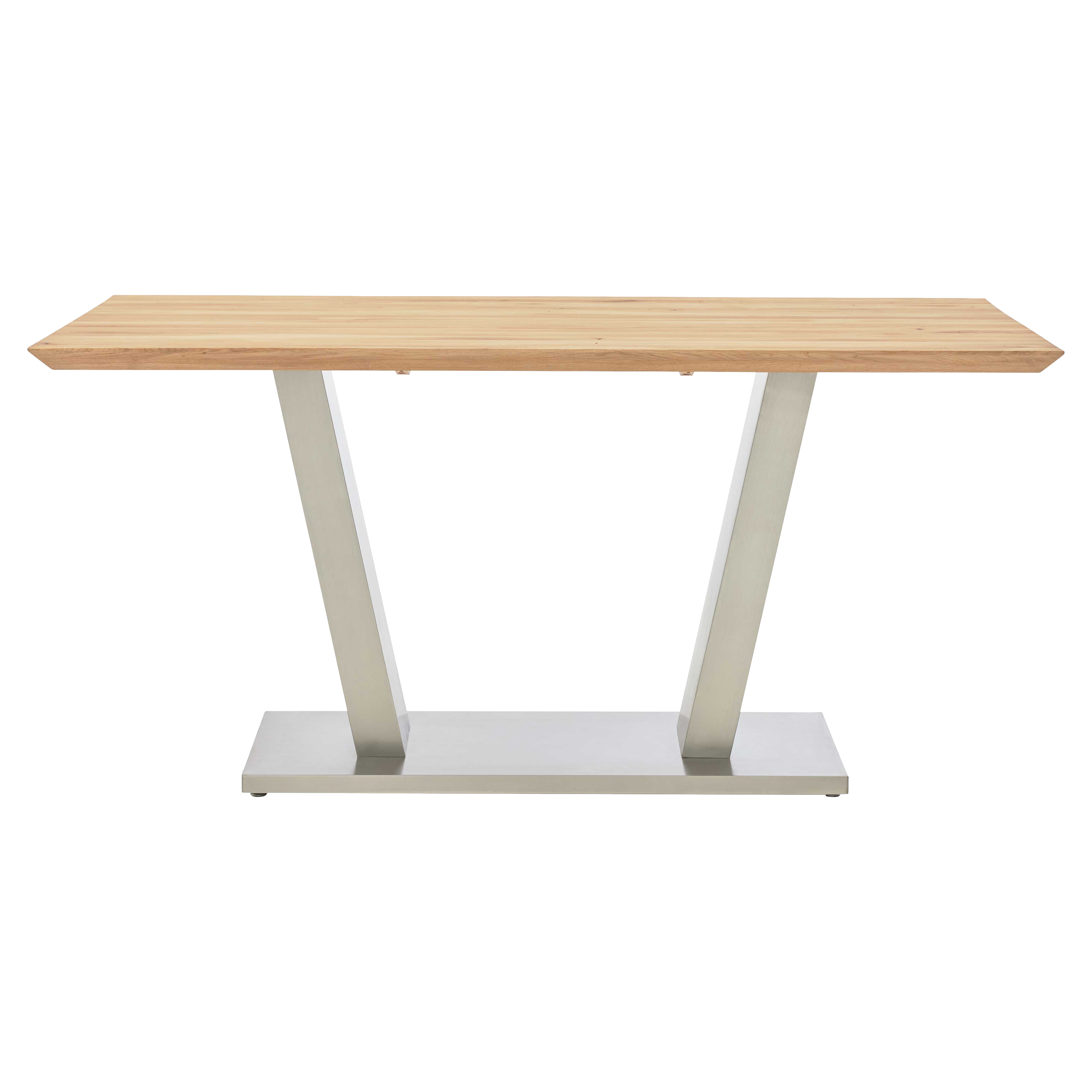 Konsole mit rechteckiger, heller Holz-Tischplatte und zwei schräg stehenden Metallbeinen auf rechteckiger Metallplatte.