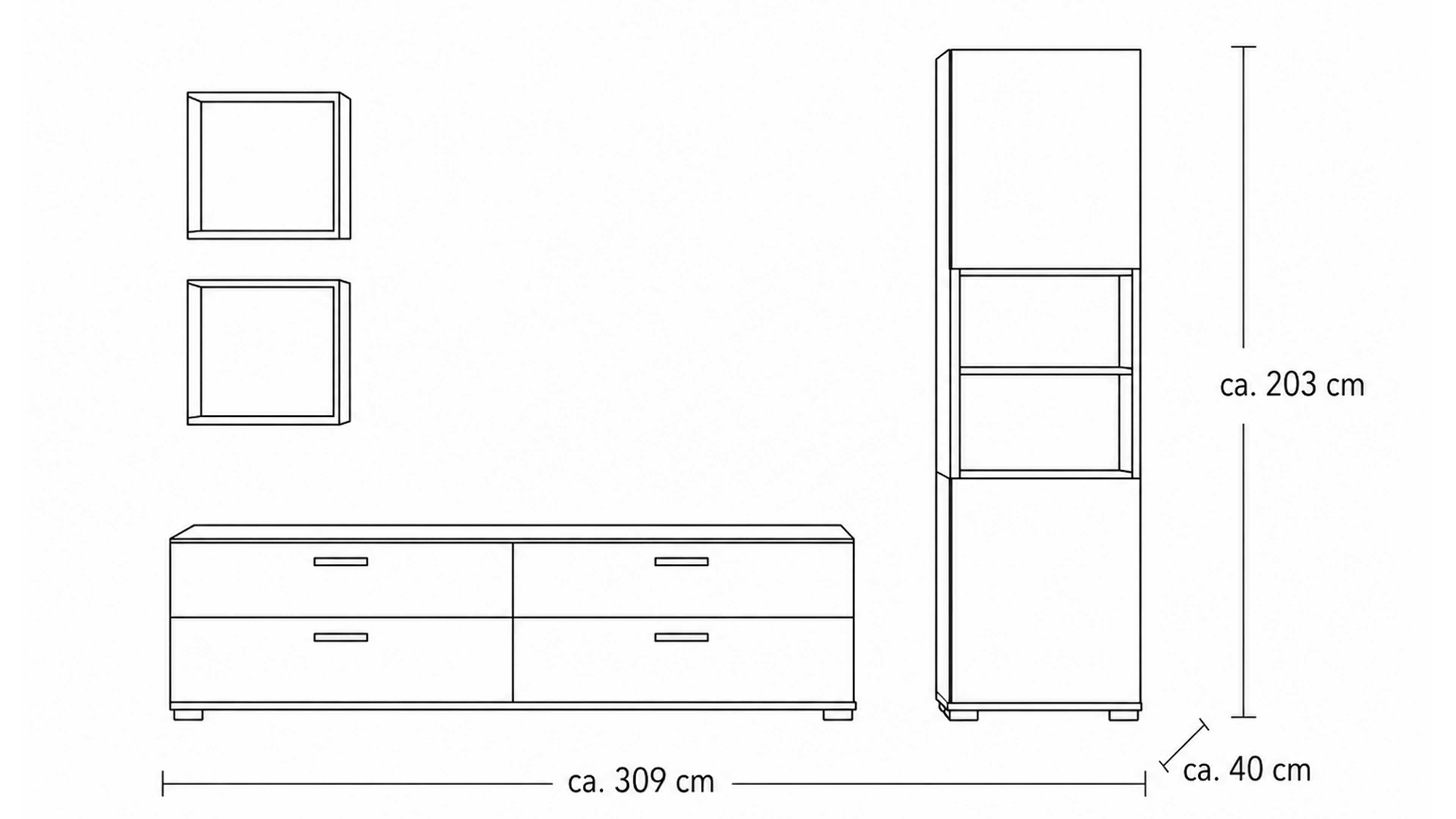 Wohnwand in Cremeweiß mit TV-Element, Vitrine und Steinfurnier-Akzenten