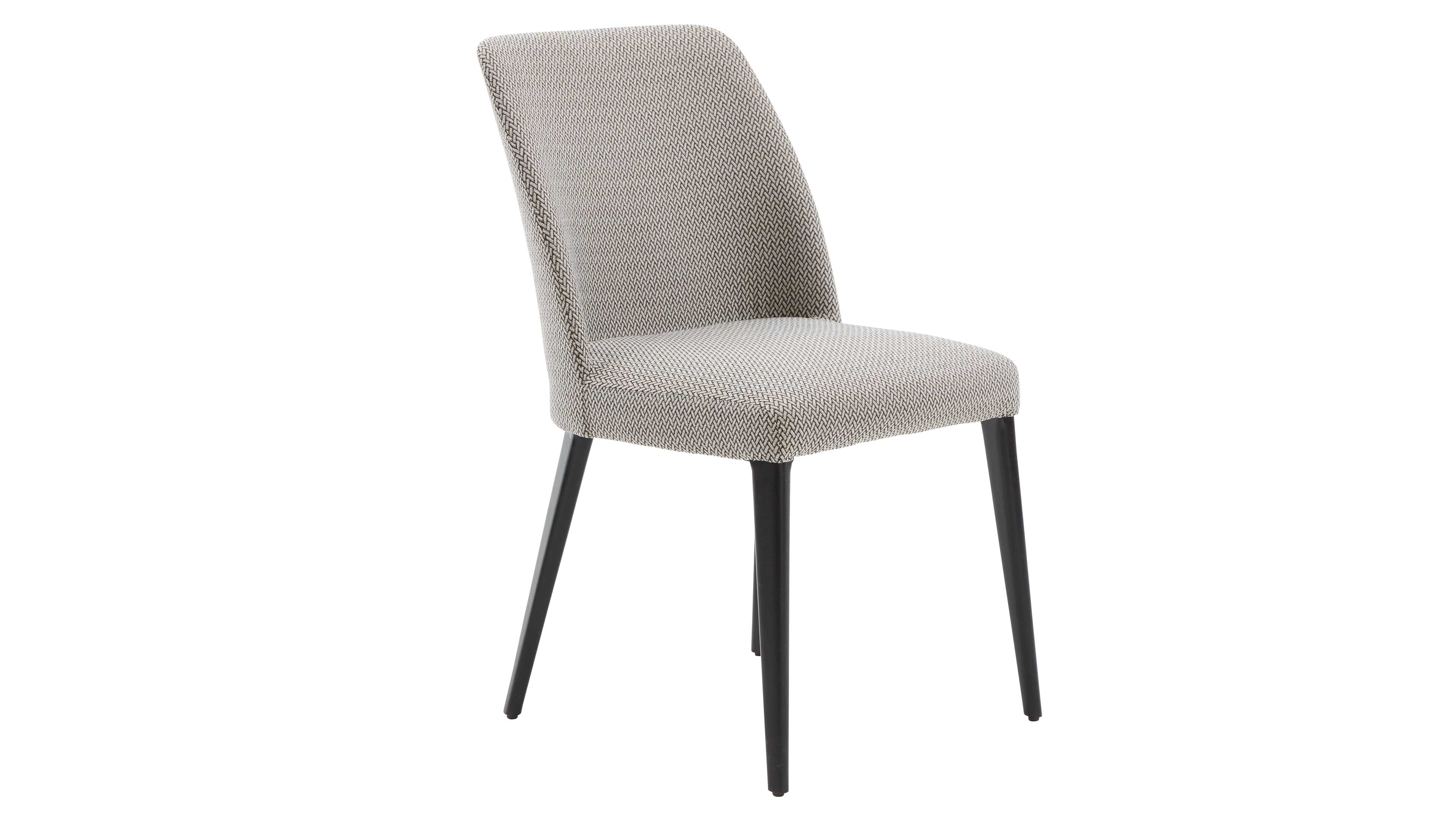 Gepolsterter Stuhl mit hellgrau-beigem, feingemustertem Bezug, leicht geschwungener Rückenlehne und vier schlanken schwarzen Beinen.