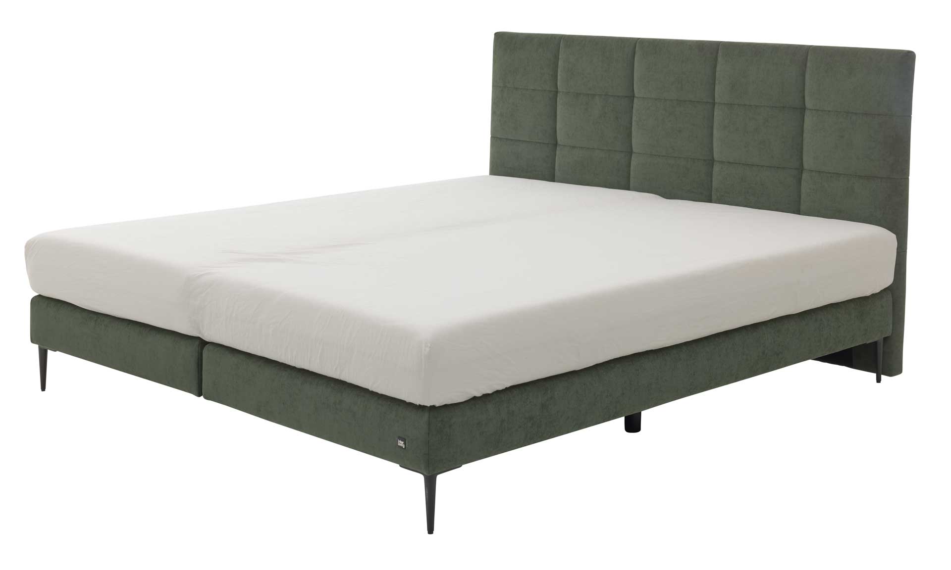 Boxspringbett mit moosgrünem Bezug und schwarzen Metallfüßen