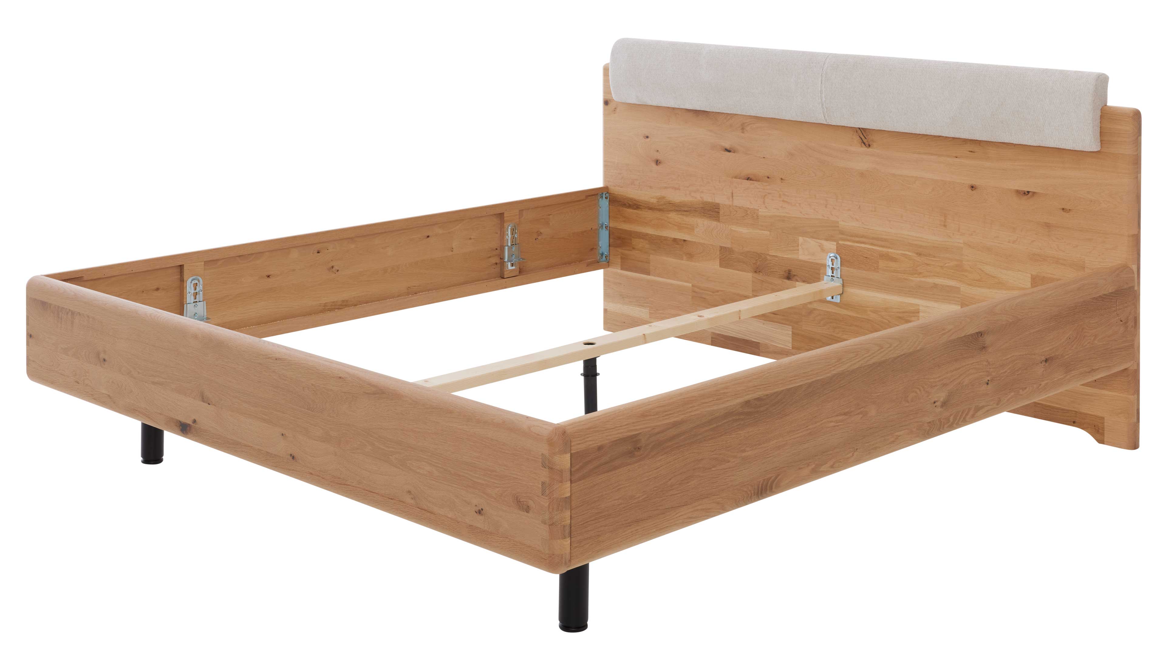 Doppelbett in Wildeiche mit gepolstertem Kopfteil und stabilem Holzrahmen für ein modernes Schlafzimmer