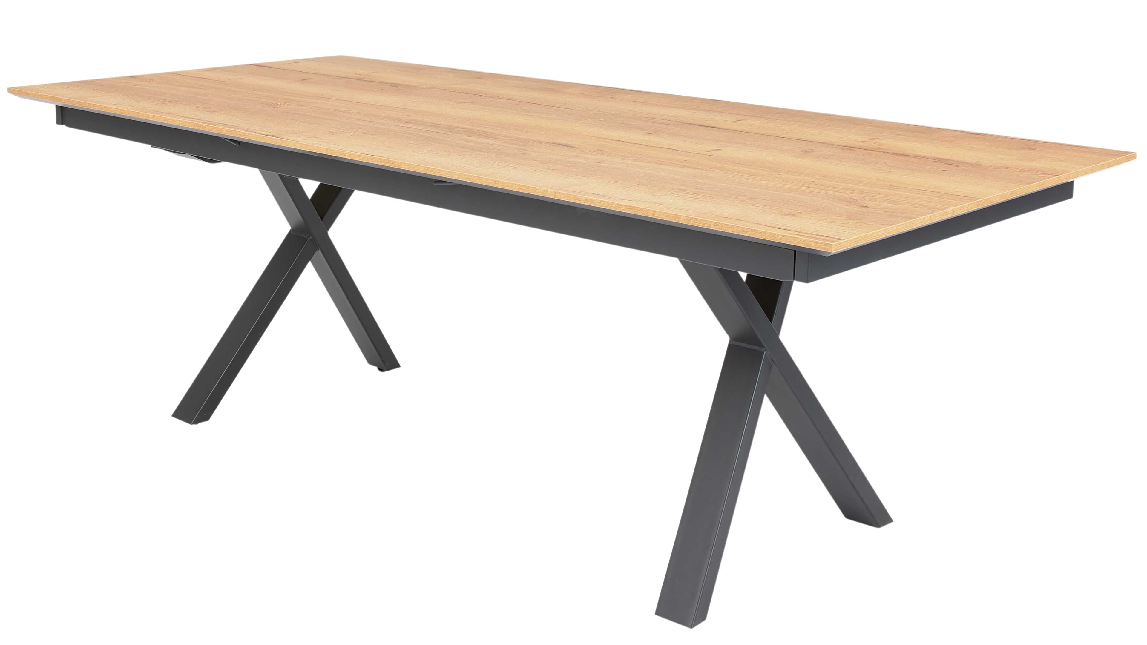 Rechteckiger Esstisch mit Platte in heller Holzoptik und dunkelgrauem Metallgestell mit gekreuzten X‑Beinen, freistehend.