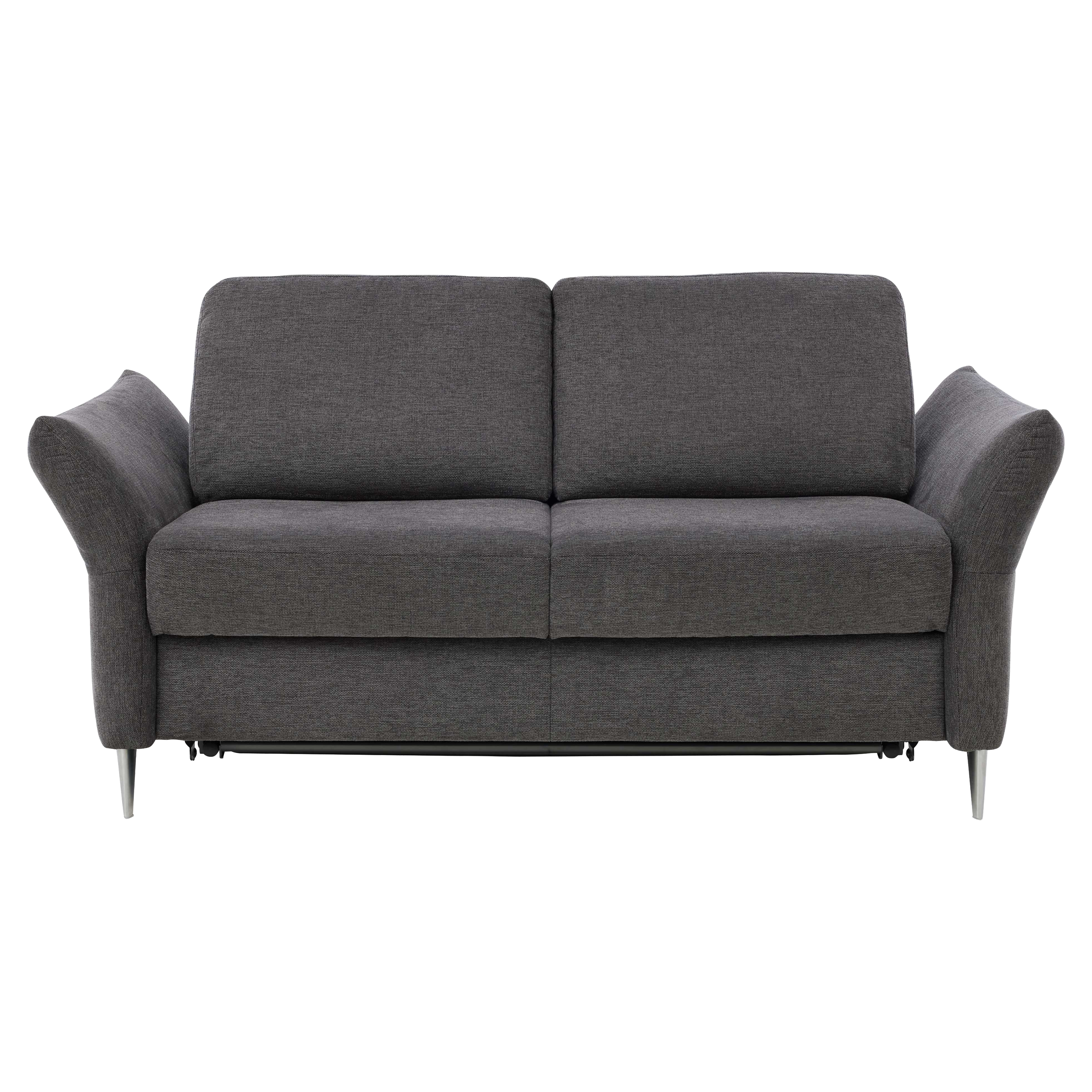 Zweisitziges dunkelgraues Sofa mit geteilten Rücken- und Sitzkissen, leicht ausgestellten Armlehnen und schlanken Metallfüßen.