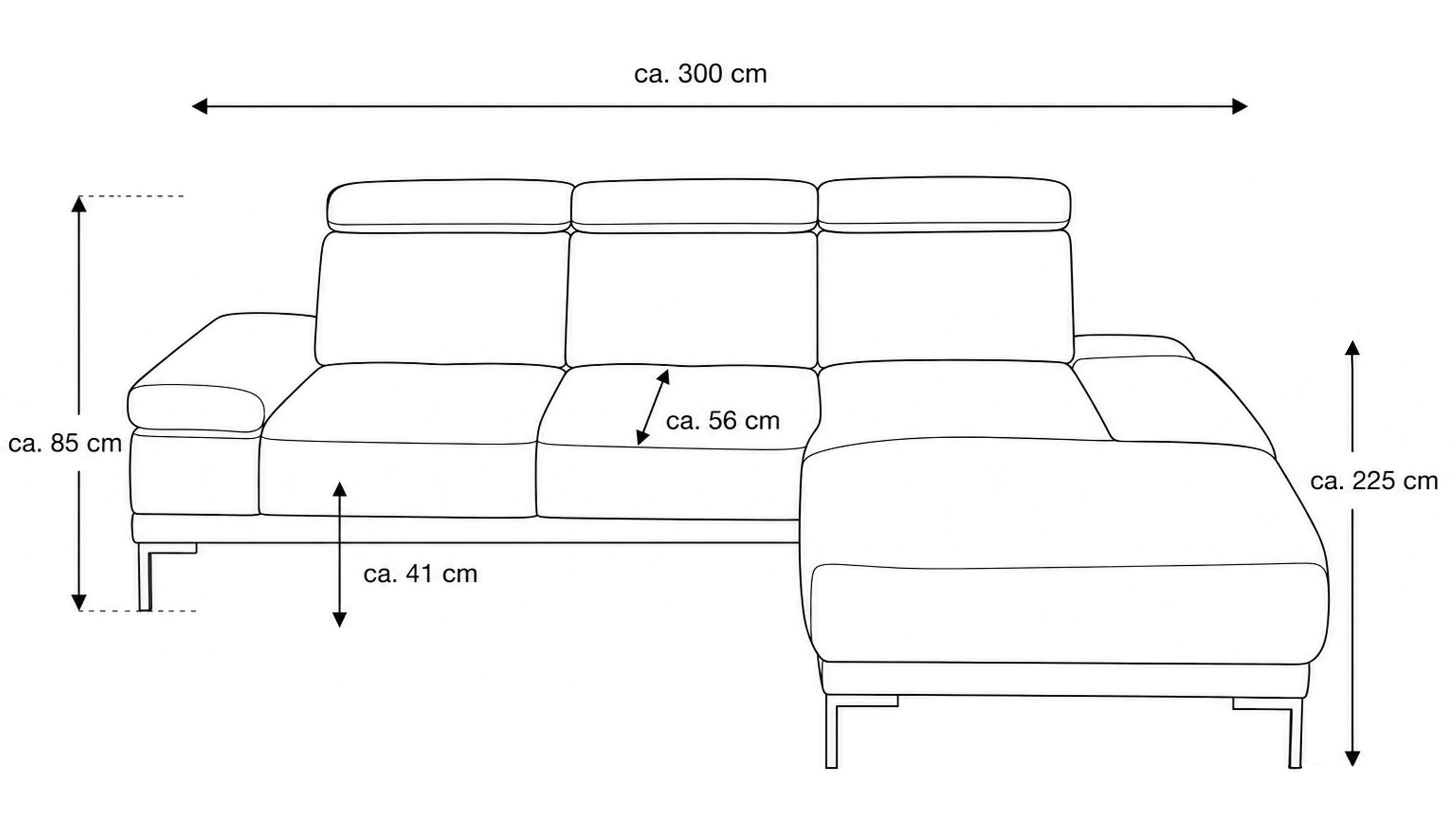 Ecksofa mit Stoffbezug in Platin und schwarzen Metallfüßen