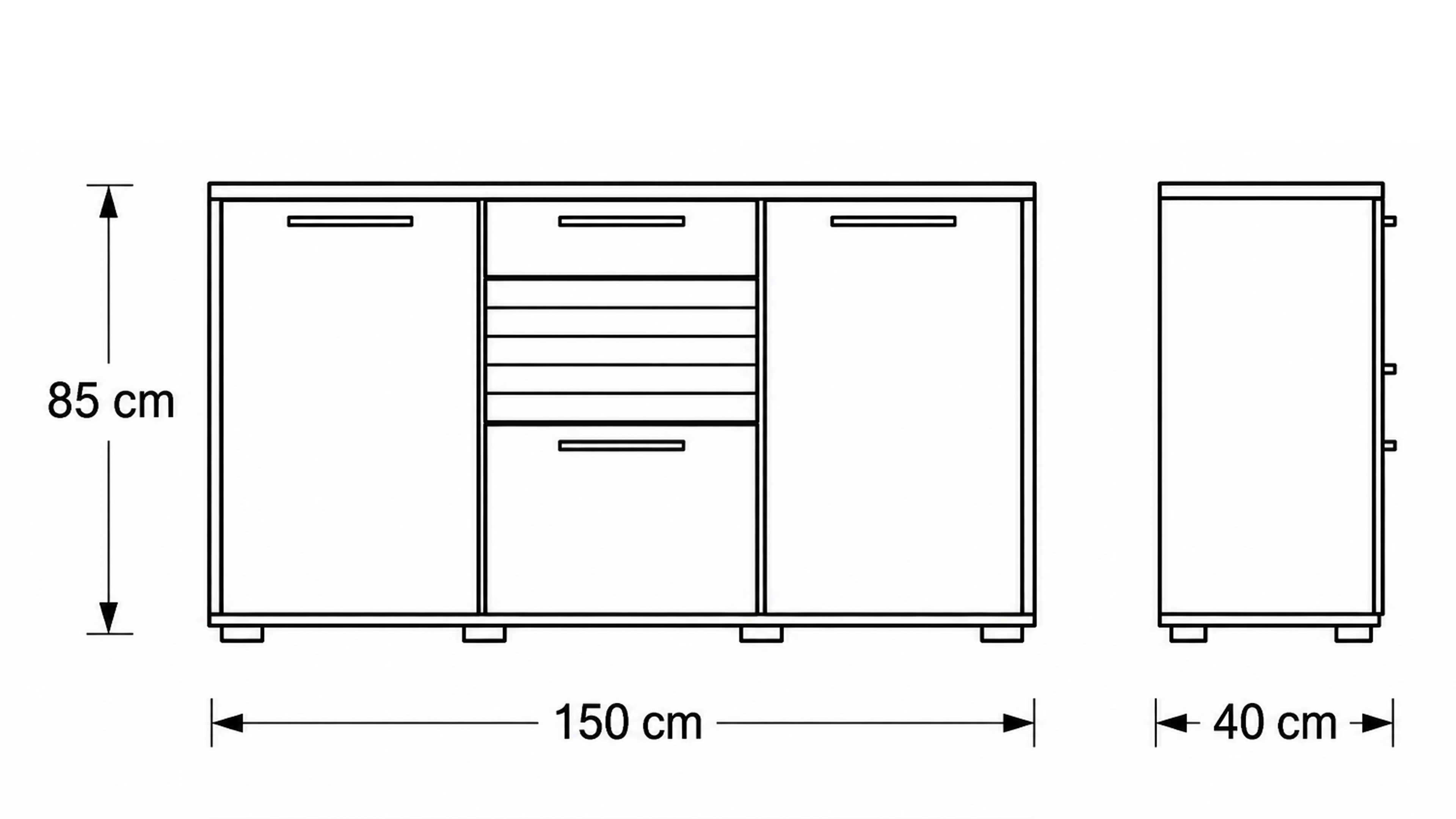 Sideboard in Sandbeige & Risseiche Dekor mit Schubladen, Türen und offenem Bücherregal für Wohn- und Essbereiche