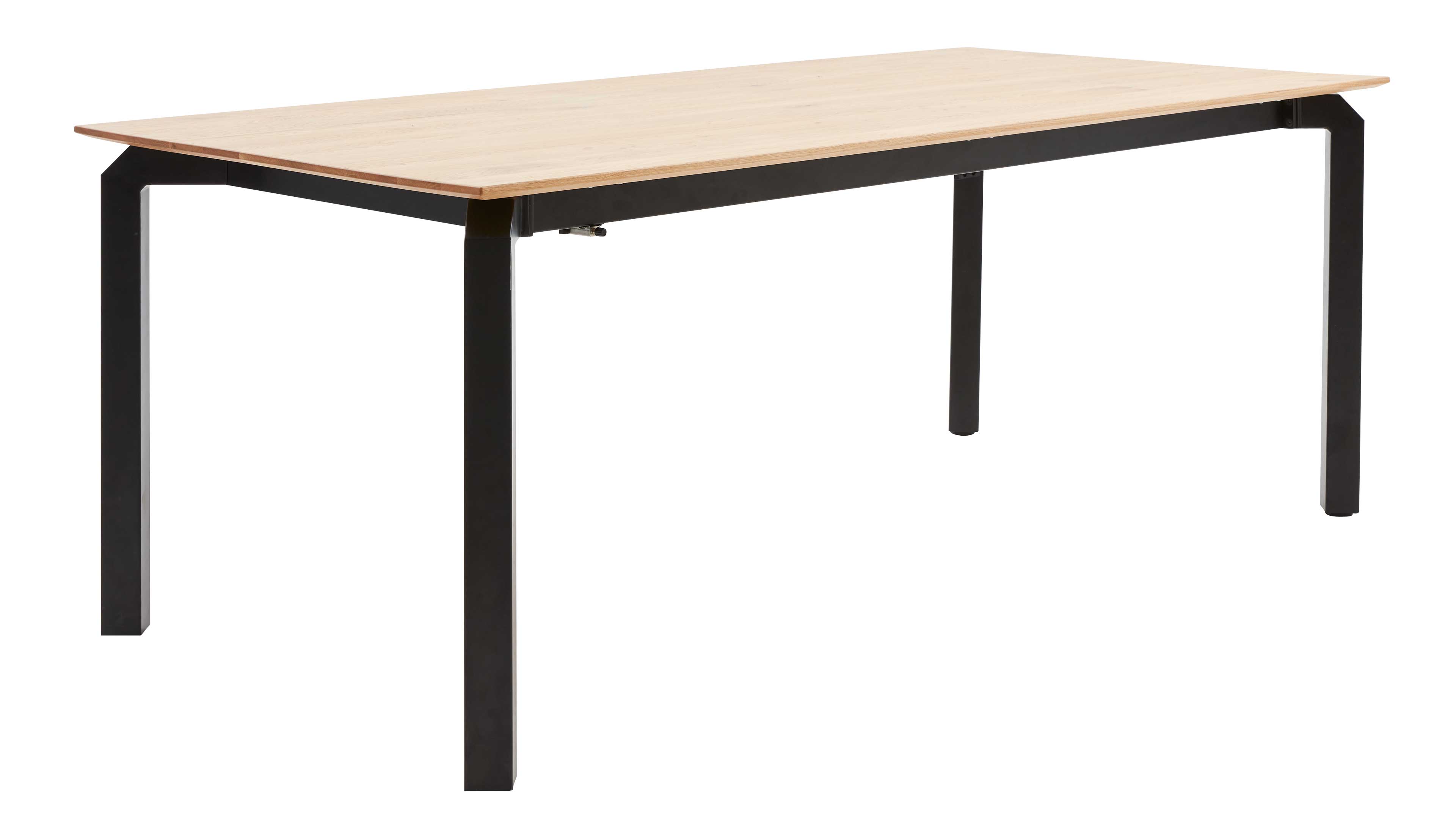 Tisch mit rechteckiger hellholz-Platte auf schlankem, schwarz lackiertem Metallgestell mit vier eckigen Beinen.