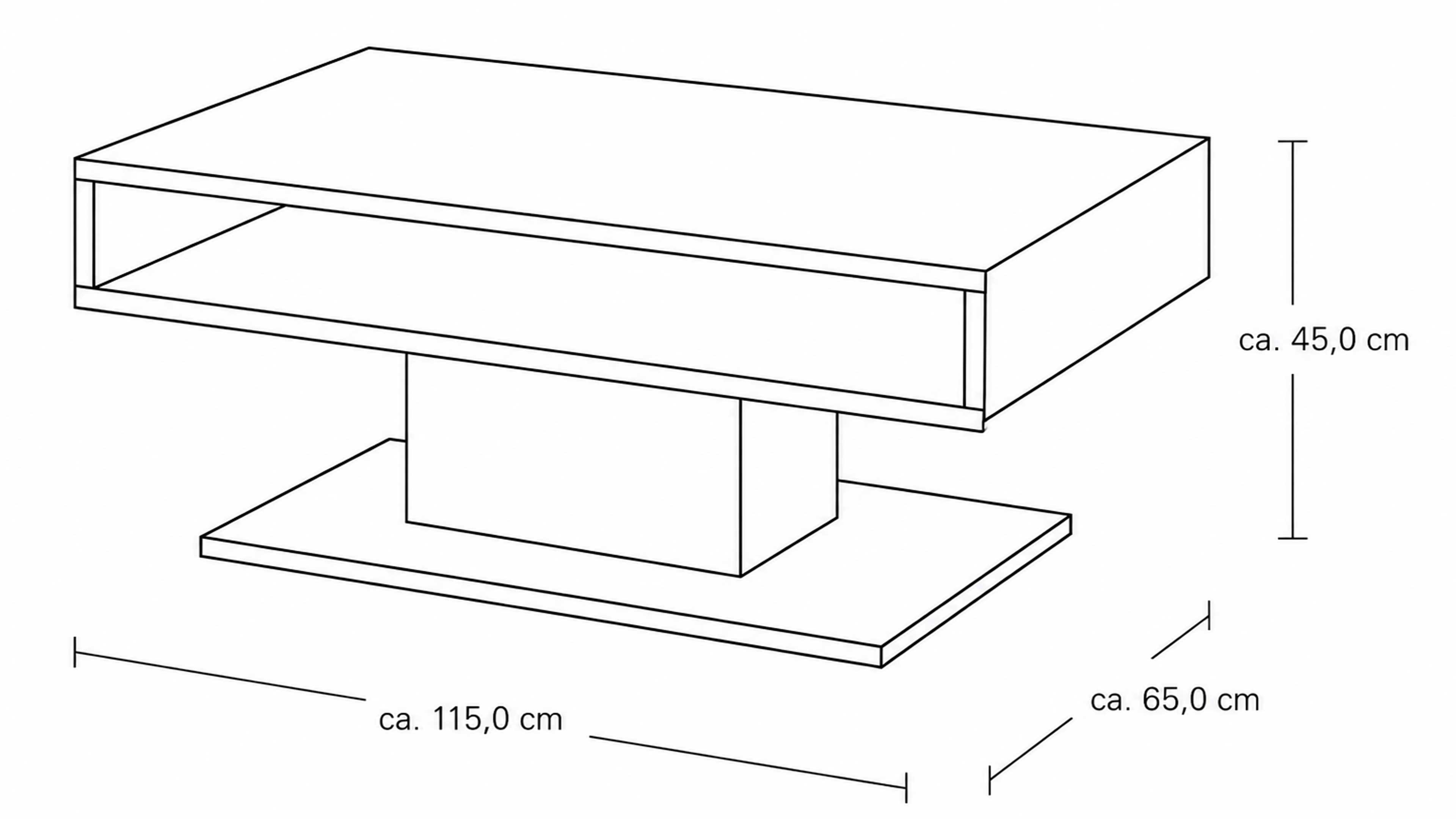 Couchtisch mit Ablagefach, Eichefurnier und schwarze Bodenplatte
