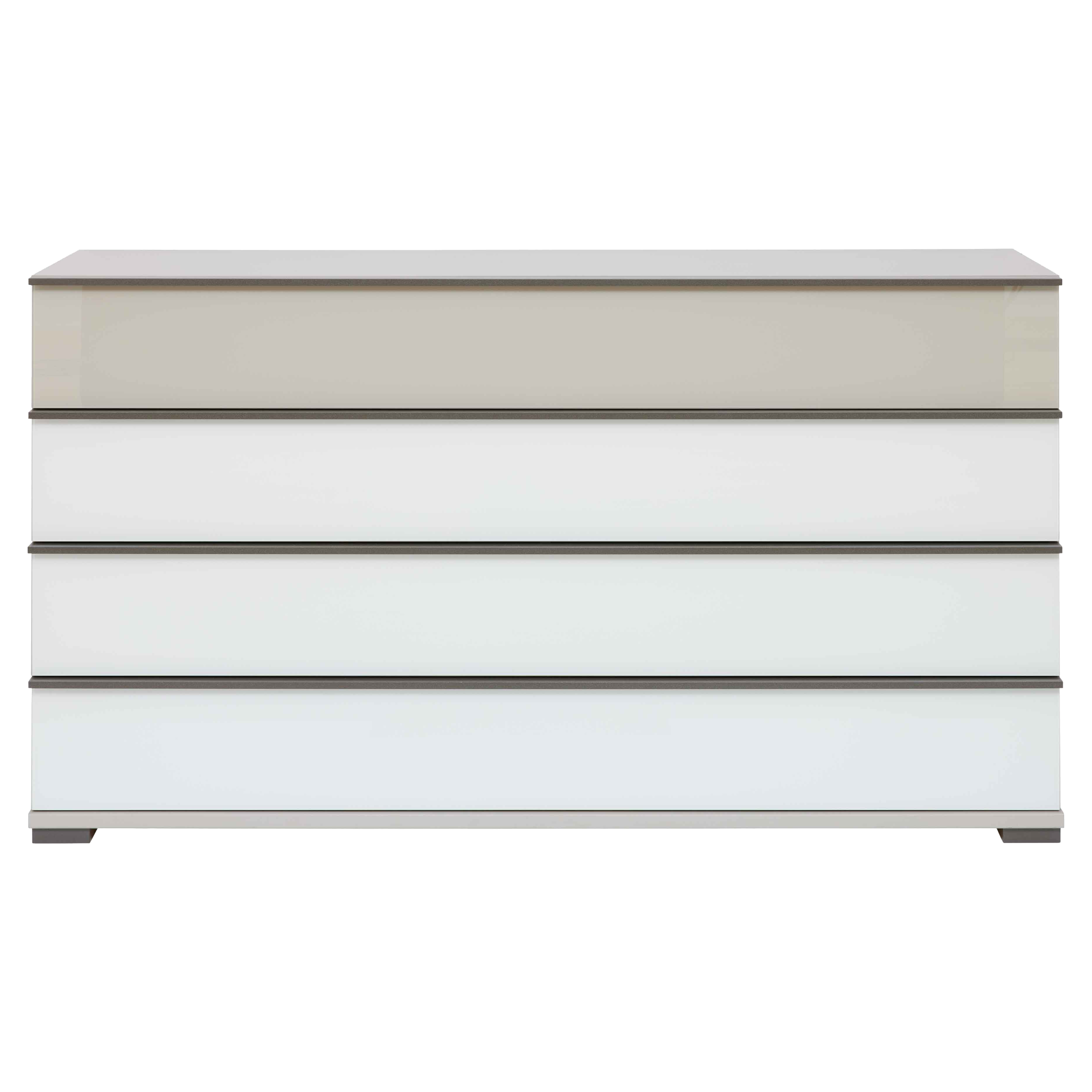 Große Kommode mit vier breiten Schubladen, obere Schublade in Beige, drei untere in Weiß, dunkle Griffleisten und kleine Fußblöcke.