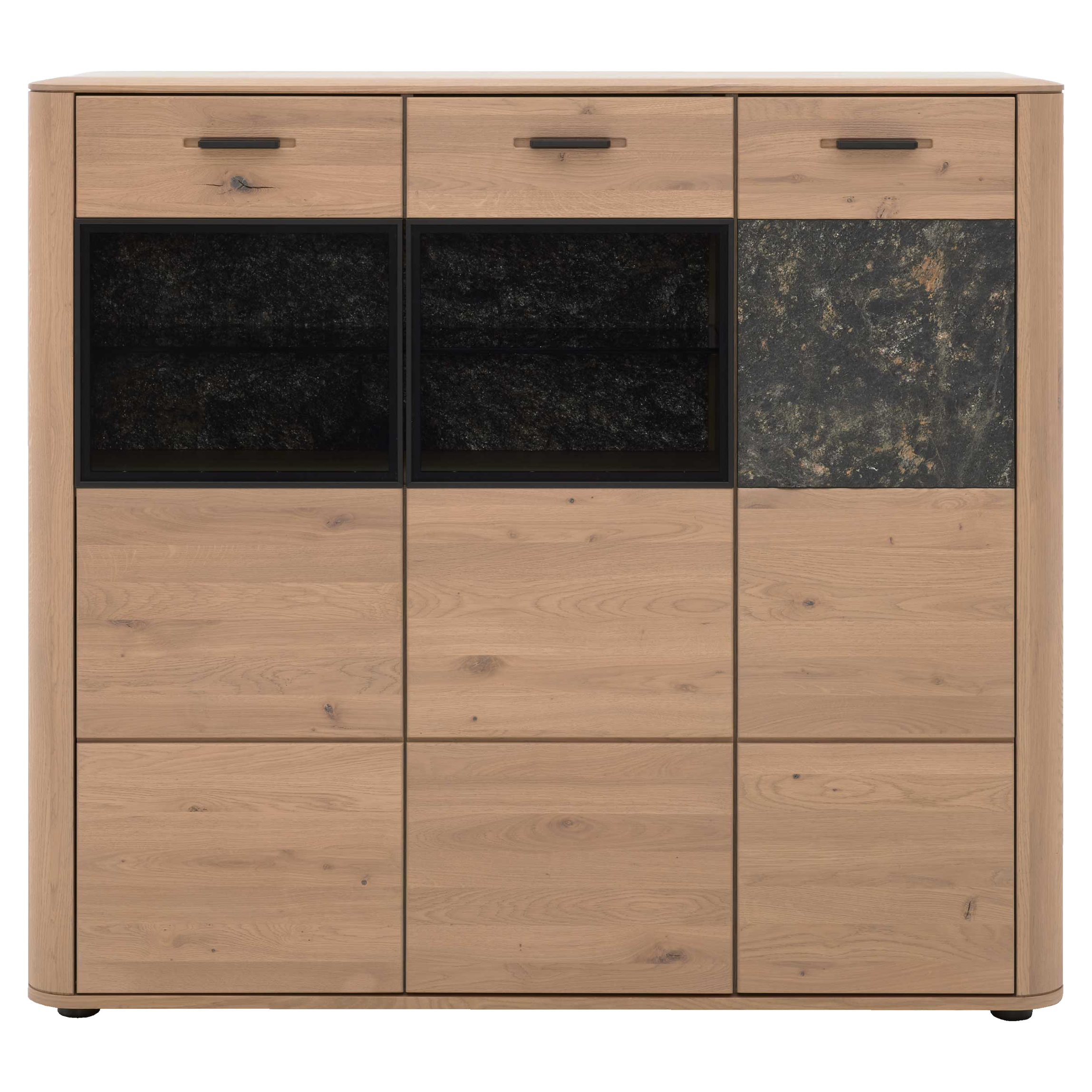 Heller Holzschrank mit drei oberen Schubladen, zwei dunklen Glasfenstern links und einer dunklen, steinähnlichen Platte rechts.