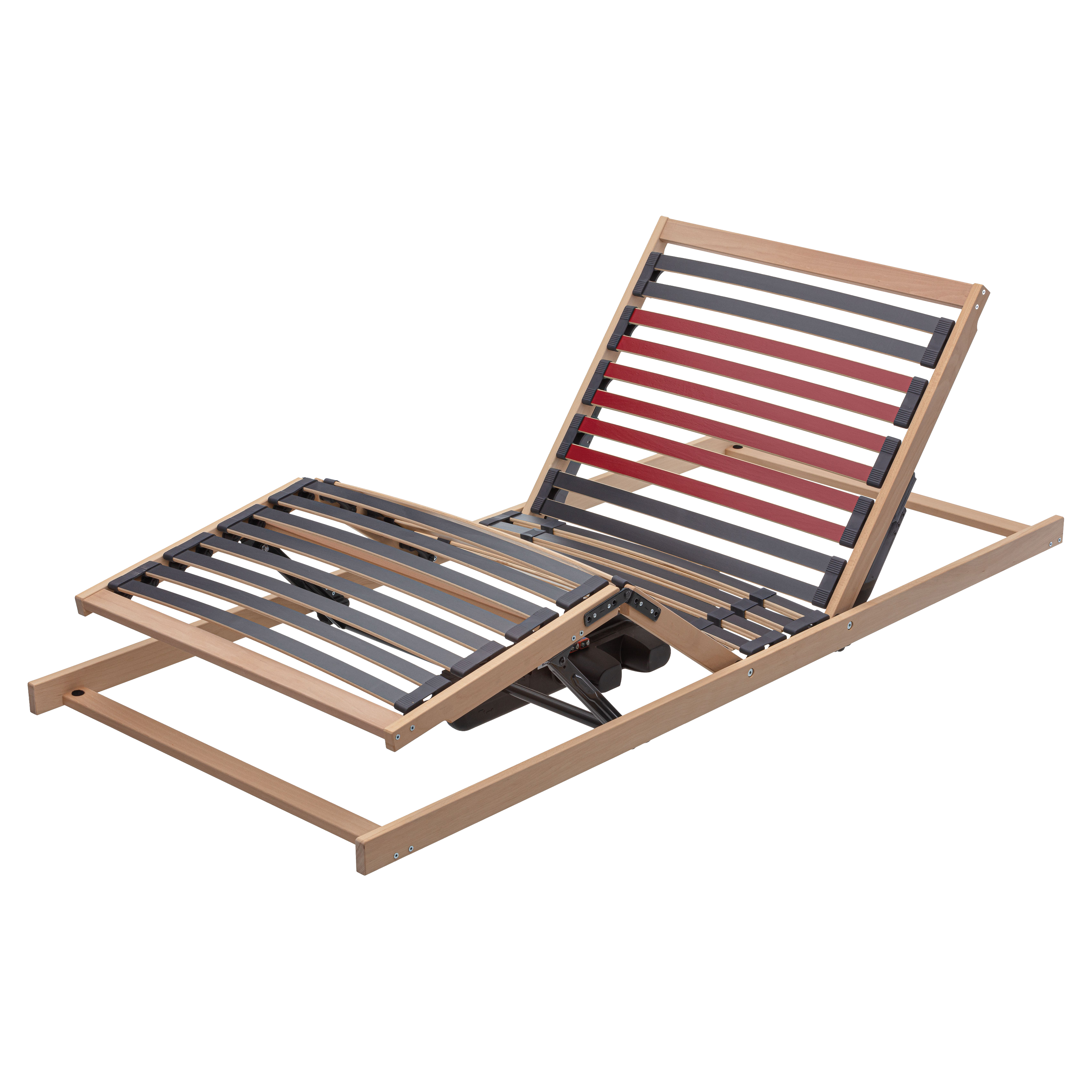 Verstellbarer Lattenrost aus hellem Holz mit erhöhtem Kopfteil, dunklen und roten Federleisten und sichtbarem Antrieb.