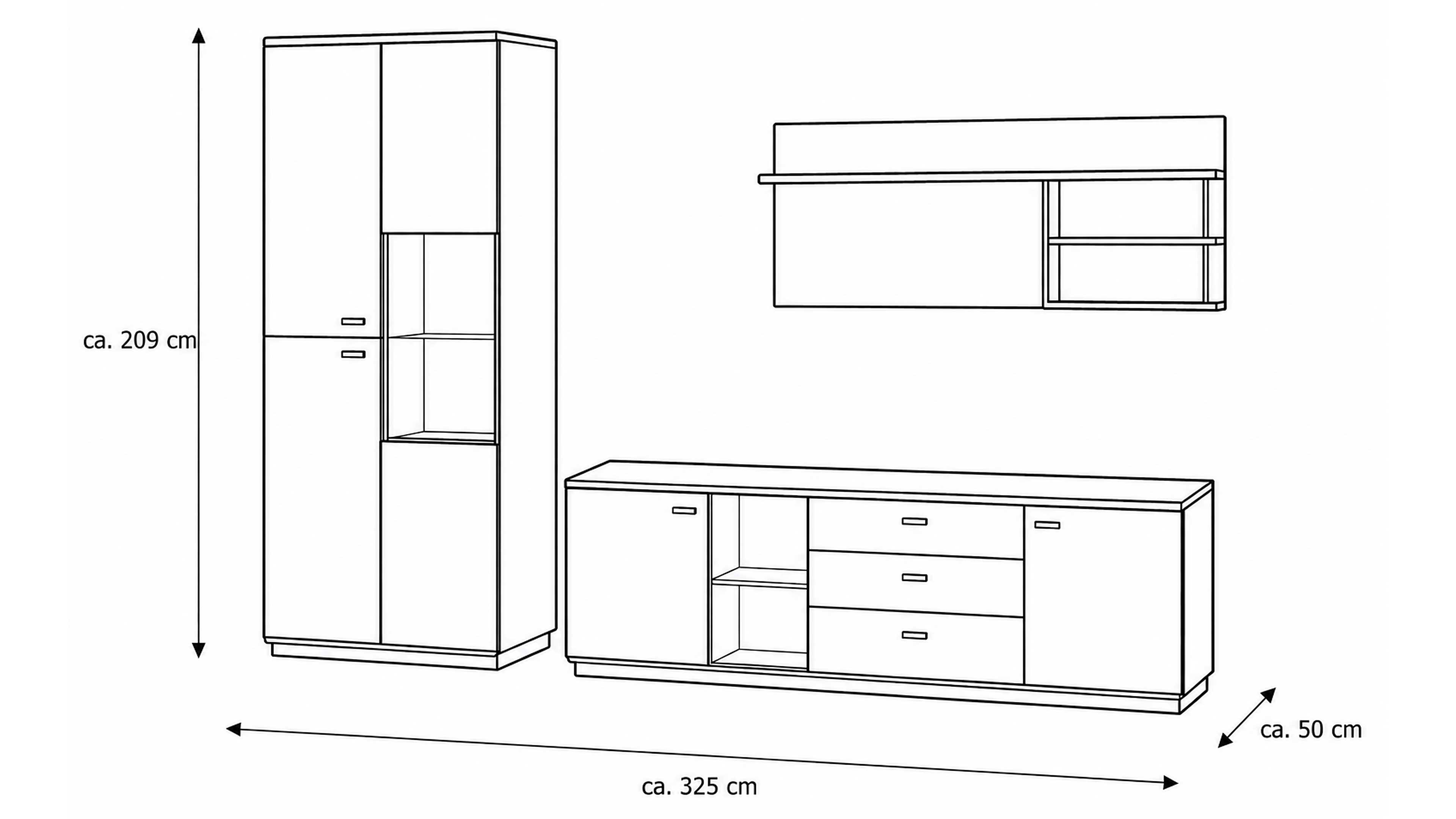 Wohnkombination in Wildeiche mit dunklen Akzenten – Stauraum, Vitrine und Wandregal in modernem Design