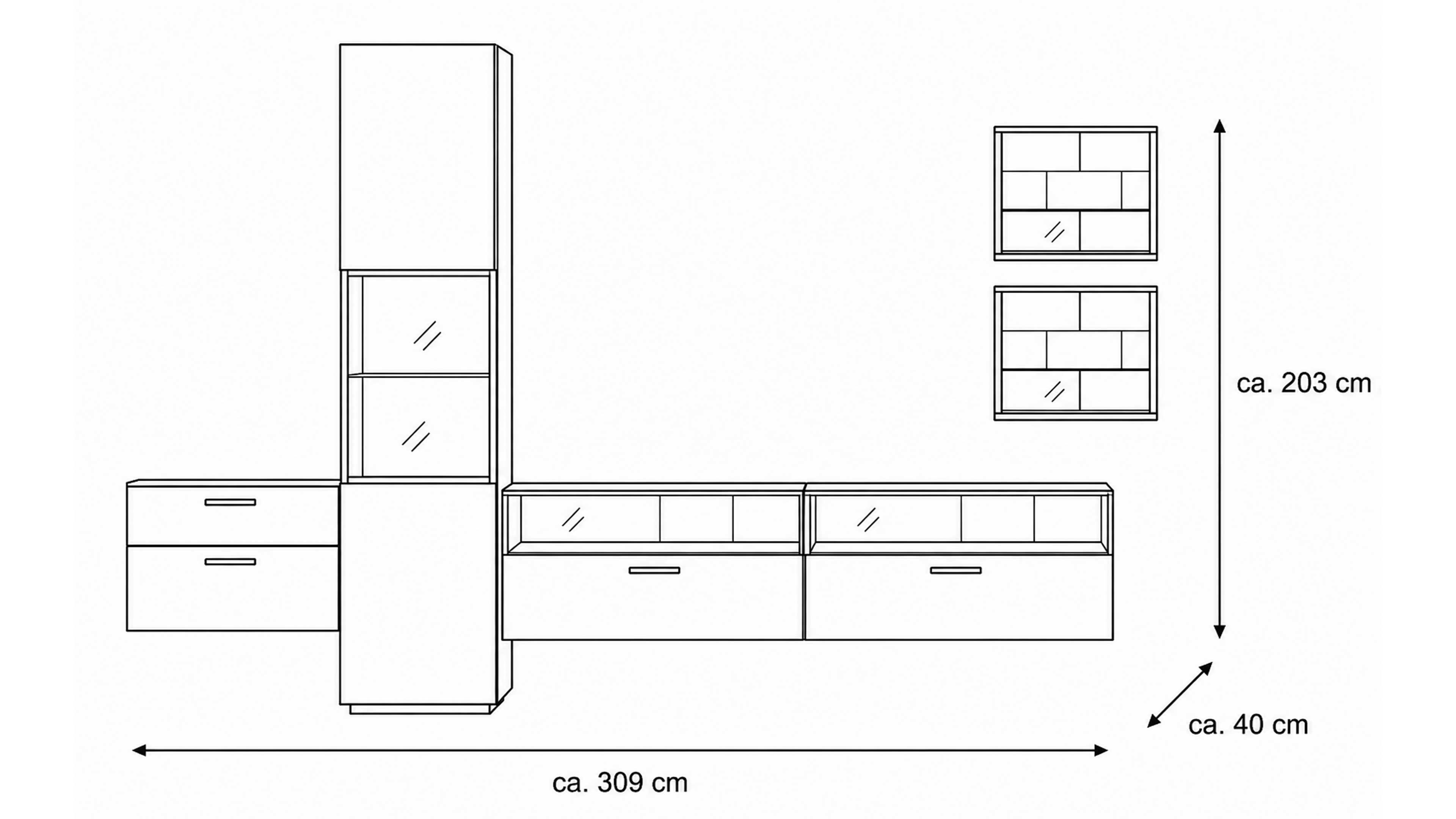 Wohnwand in Wolfram Grey mit Spaltholz-Optik, Wandboarden, Hängeschränken und Vitrine
