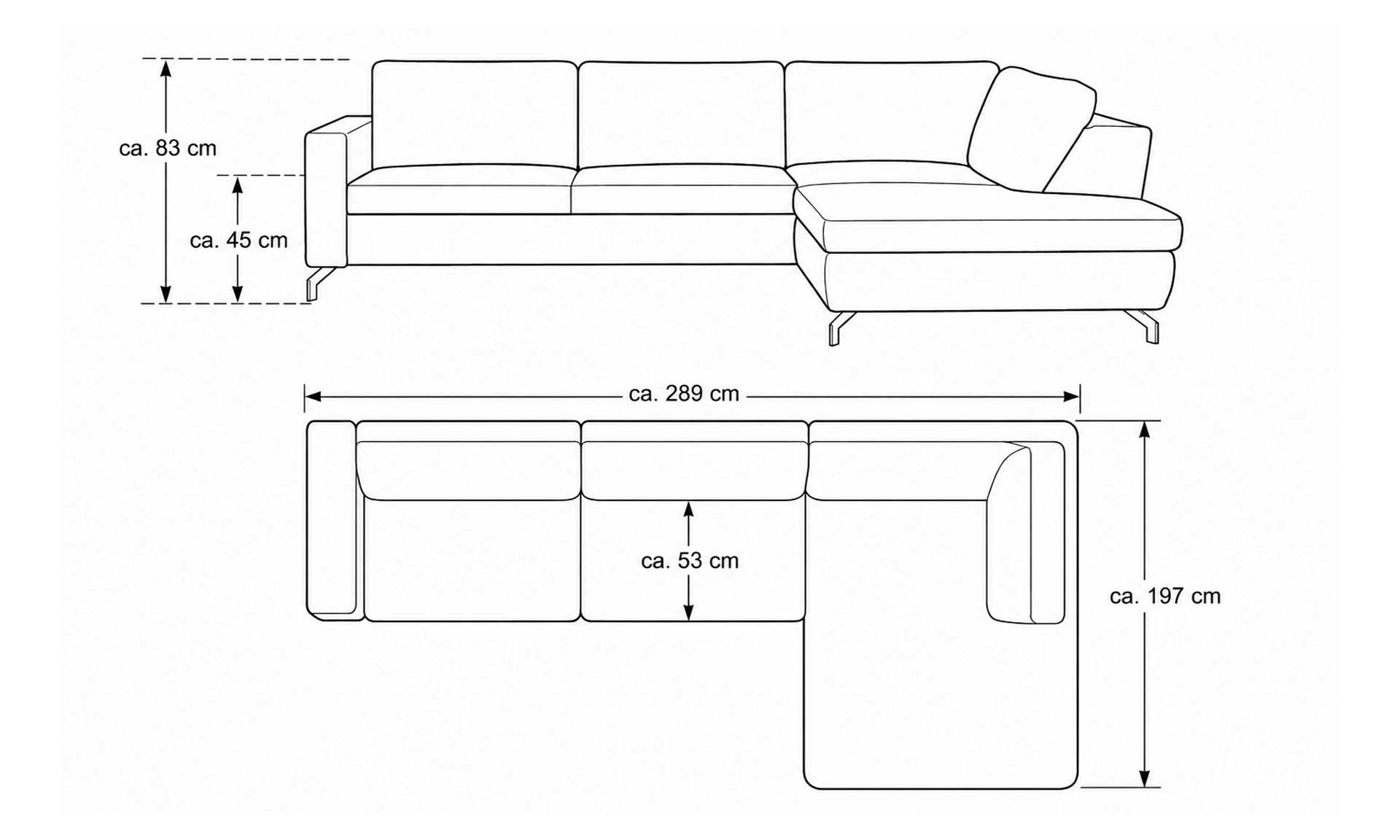 Ecksofa mit Stoffbezug in Ecru und schwarzen Metallfüßen