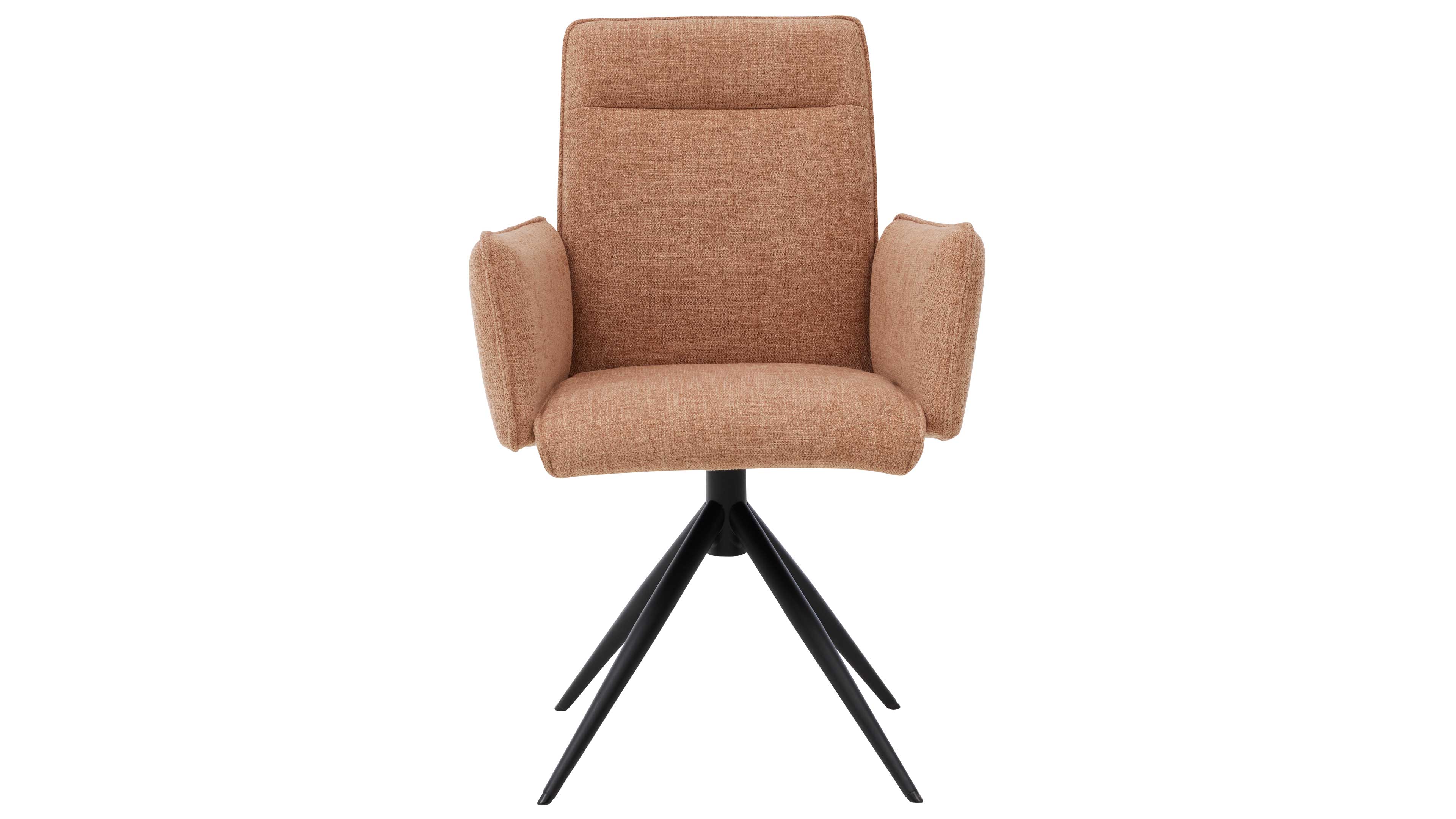 Sessel mit hoher Rückenlehne und gepolsterten Armlehnen in hellbraunem Stoff auf schwarz lackiertem vierbeinigen Metallfuß.