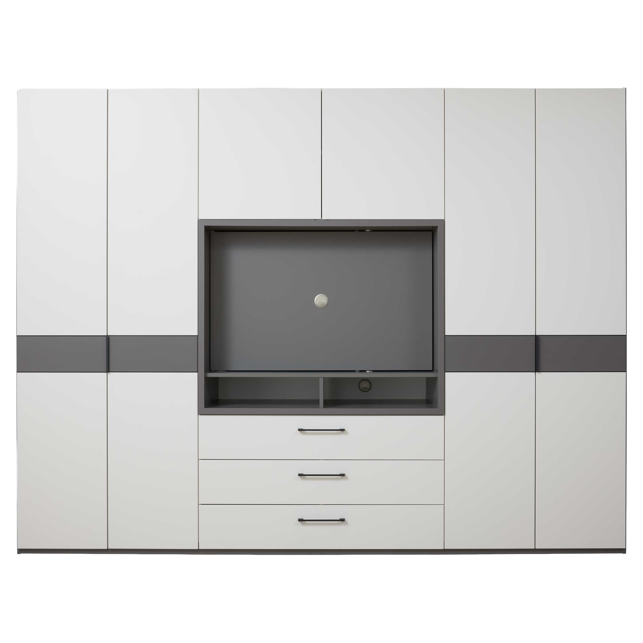 Großer weißer Wandschrank mit dunklem grauen Mittelband, mittiger offener TV-Nische mit Ablage und drei breiten Schubladen.