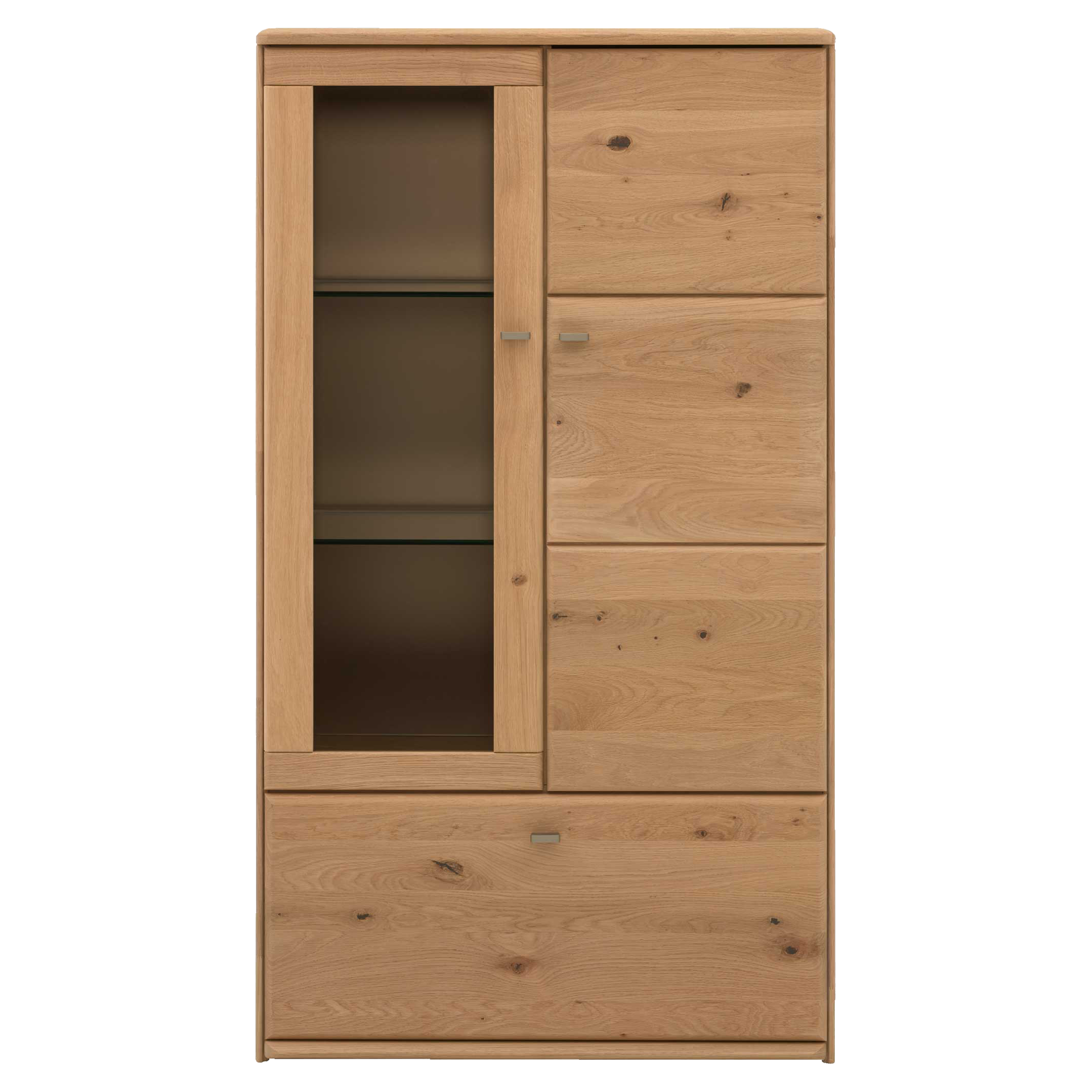 Hochschrank aus hellem Holz mit links schmaler Glastür und Einlegeböden, rechts drei Holzklappen mit kleinen Griffen.