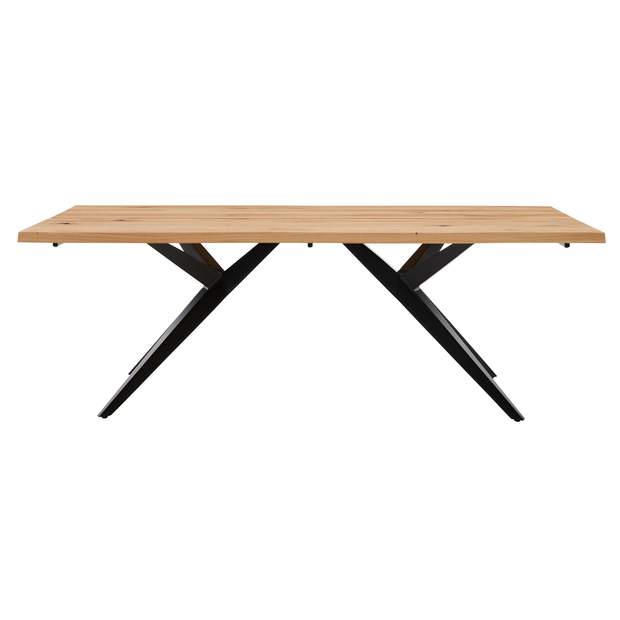 Tisch mit rechteckiger hellbrauner Holzplatte mit sichtbarer Maserung und zwei gekreuzten schwarzen Metallbeinen in X-Form.