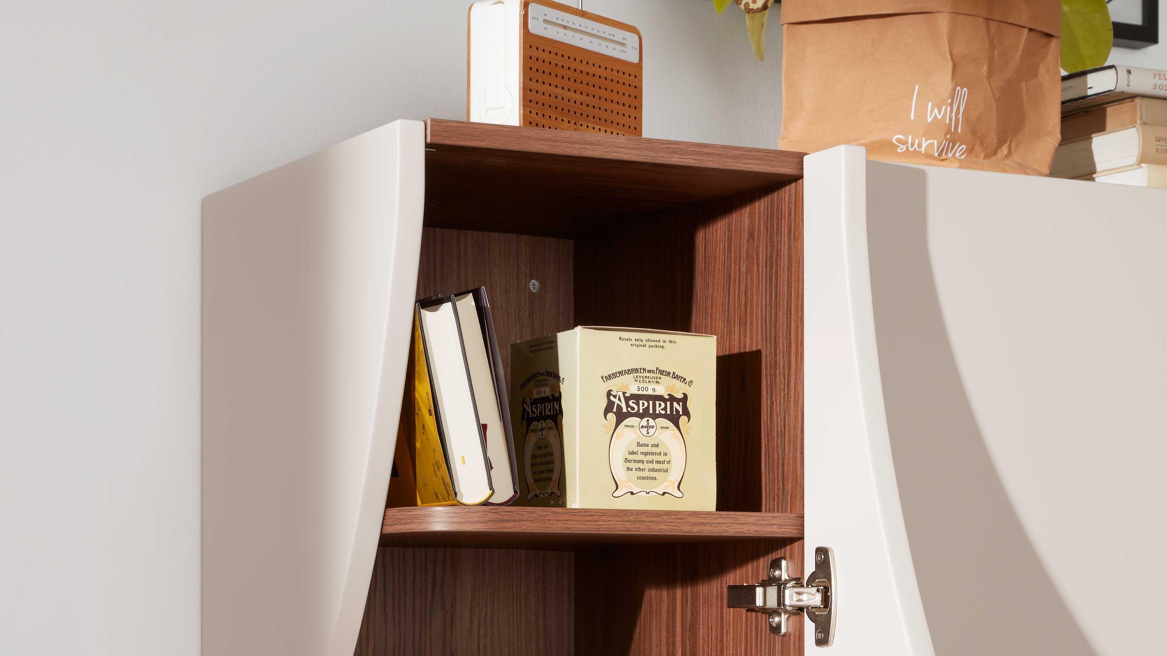 Offener Wandschrank mit mattweißen Türen und sichtbarem Metallscharnier, innen Holzregal mit Büchern und Blechdose "Aspirin".