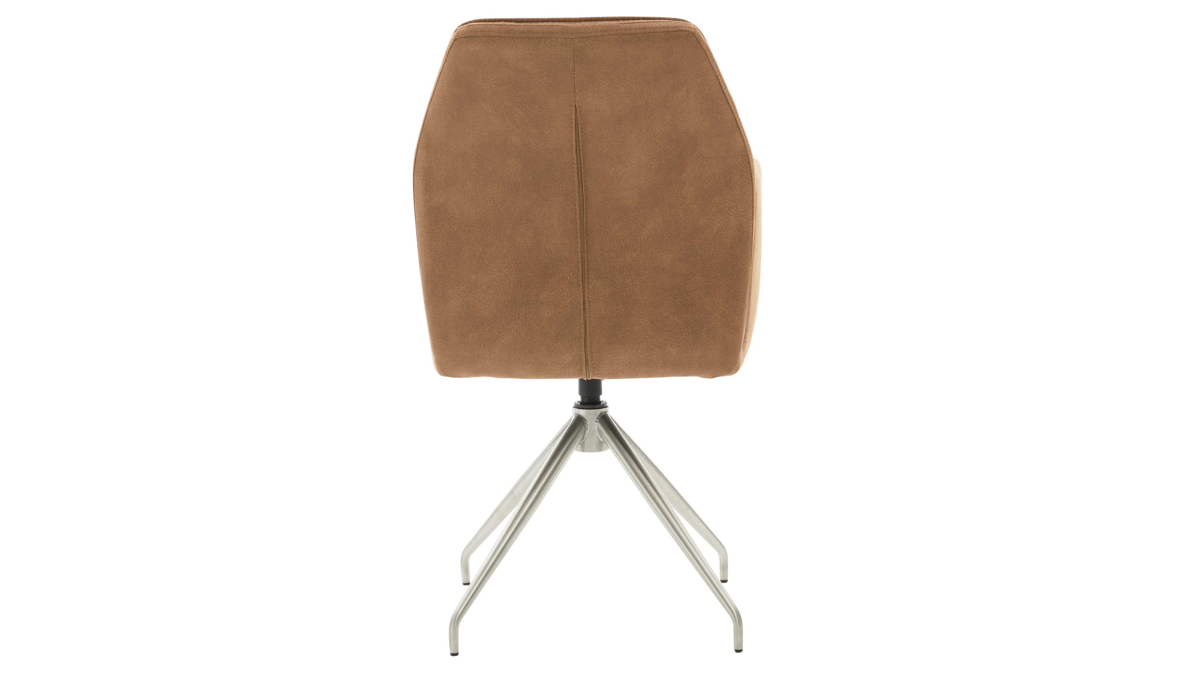 Rückenansicht eines braunen bezogenen Stuhls mit zentraler Naht und zentraler Verbindungsstelle auf vier schrägen verchromten Metallbeinen.