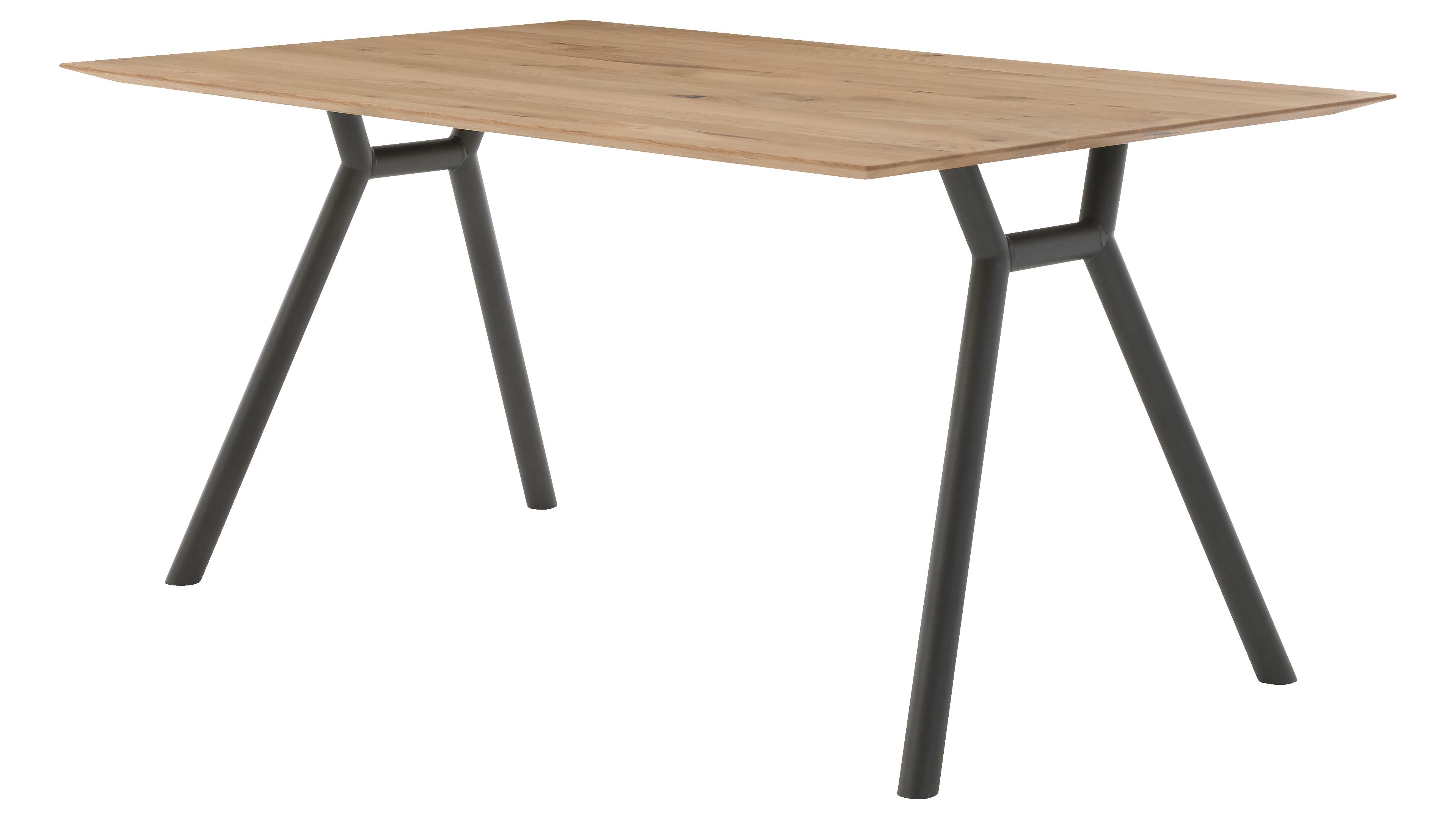 Rechteckiger Tisch mit dünner Hellholzplatte und zwei dunkelgrauen Metallbeinen in A-Form mit Querverstrebung.