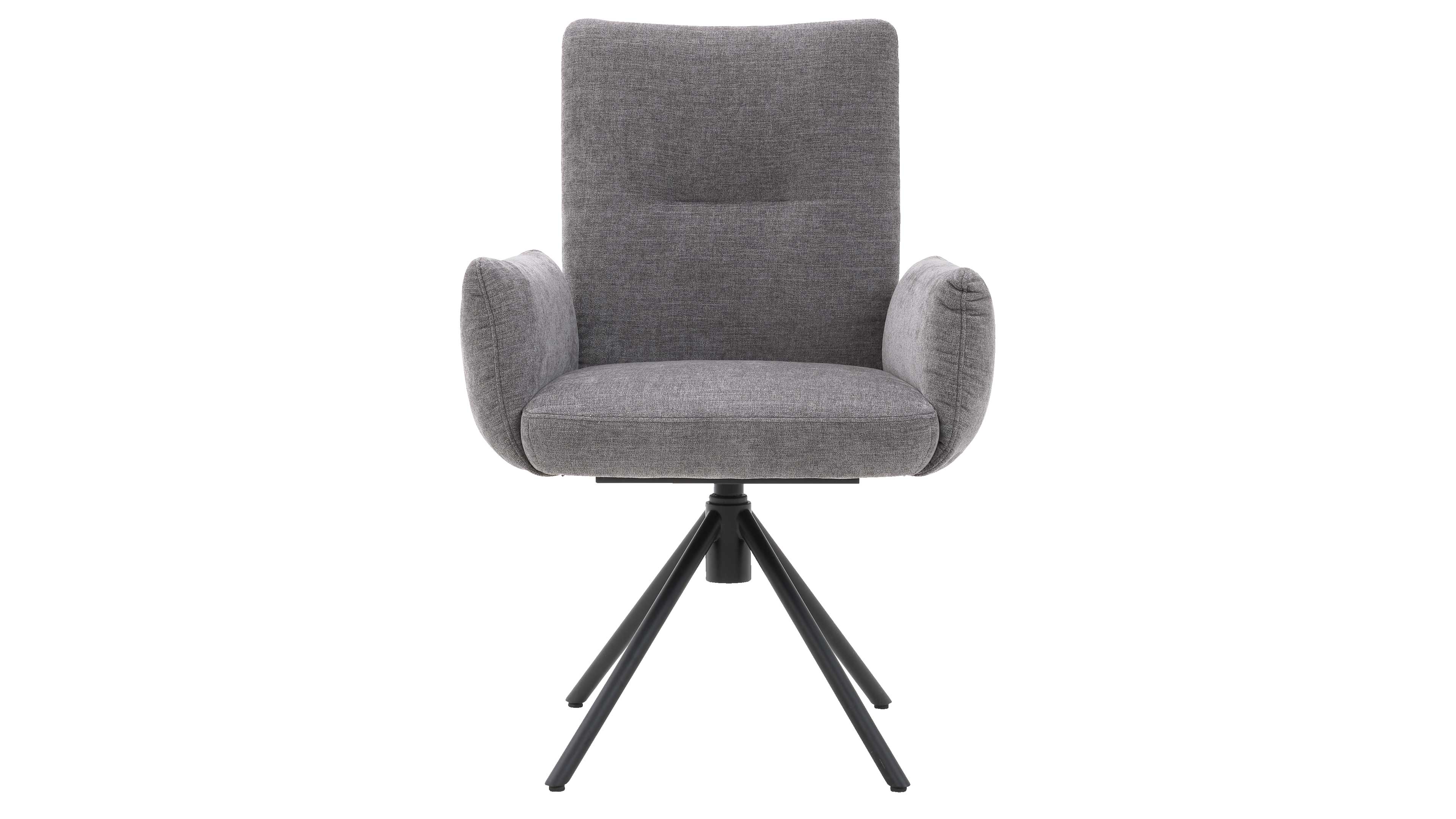 Grau bezogener Drehstuhl mit hoher Rückenlehne, gepolsterten Armlehnen und schwarzem vierbeinigen Metallgestell.