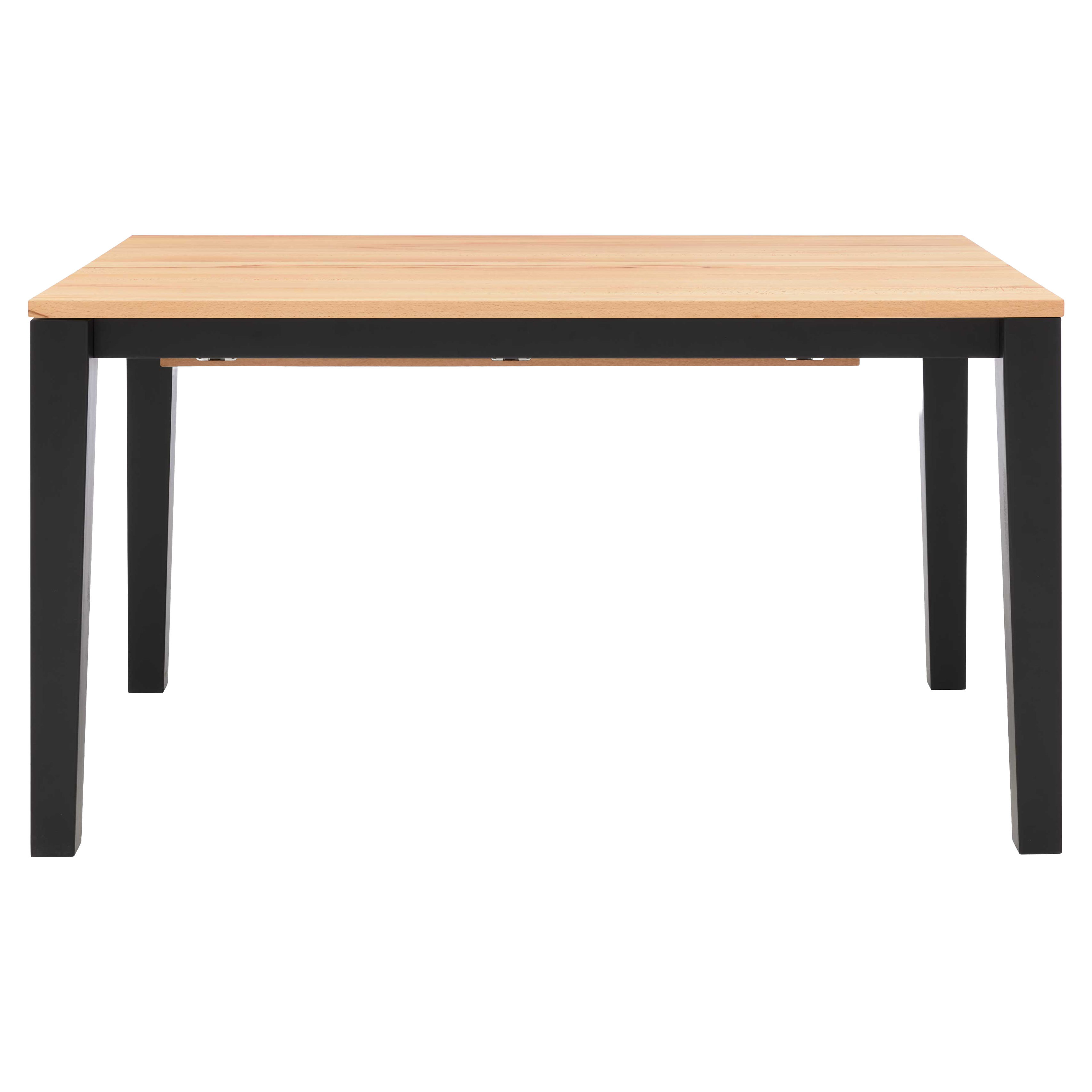 Rechteckiger Tisch mit heller Holzplatte und schwarzem Untergestell, vier kantigen Beinen und sichtbarer Zarge.
