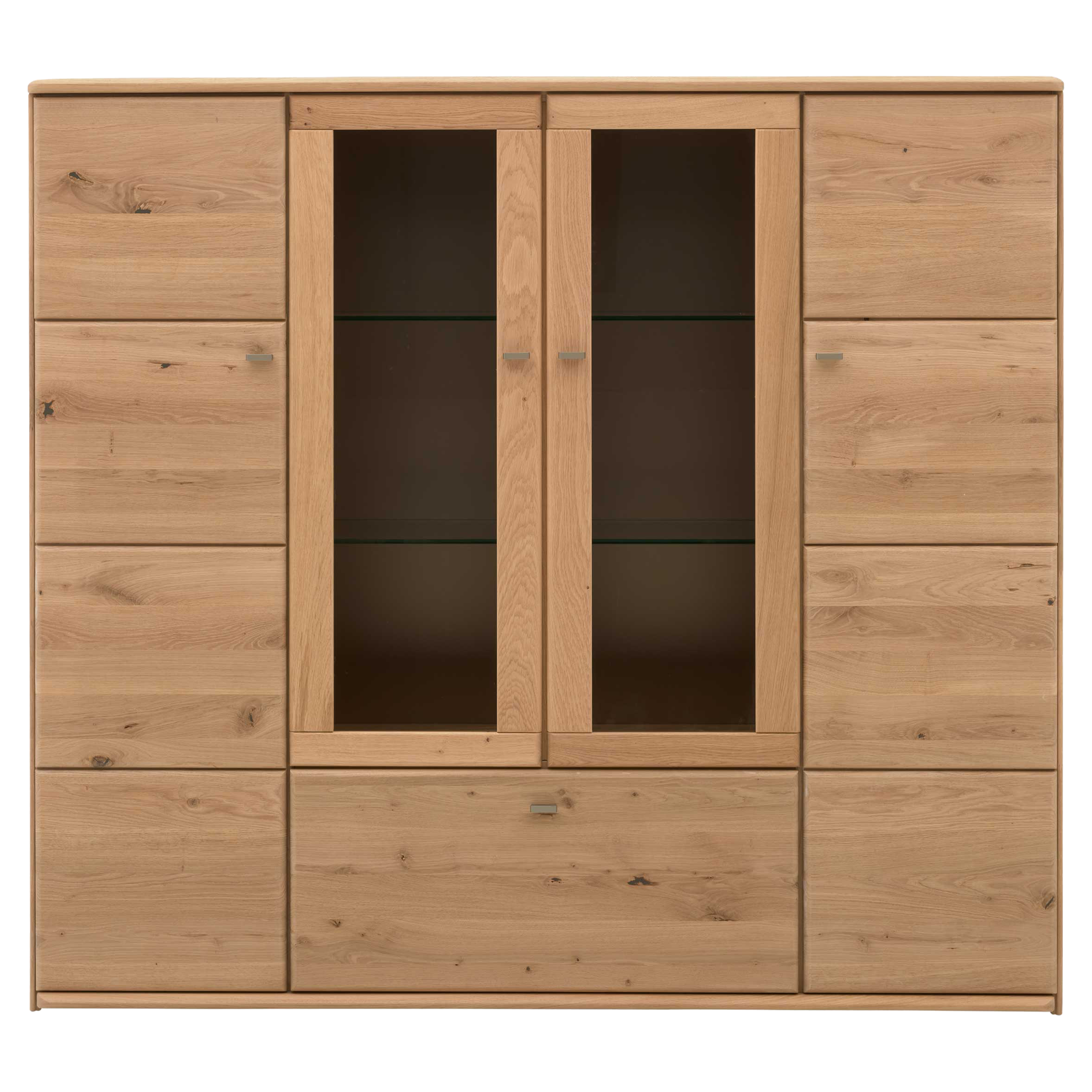 Große zweitürige Vitrine aus hellem Holz mit mittleren Glasflügeltüren, seitlichen Schranktüren und einer unteren Klappe.