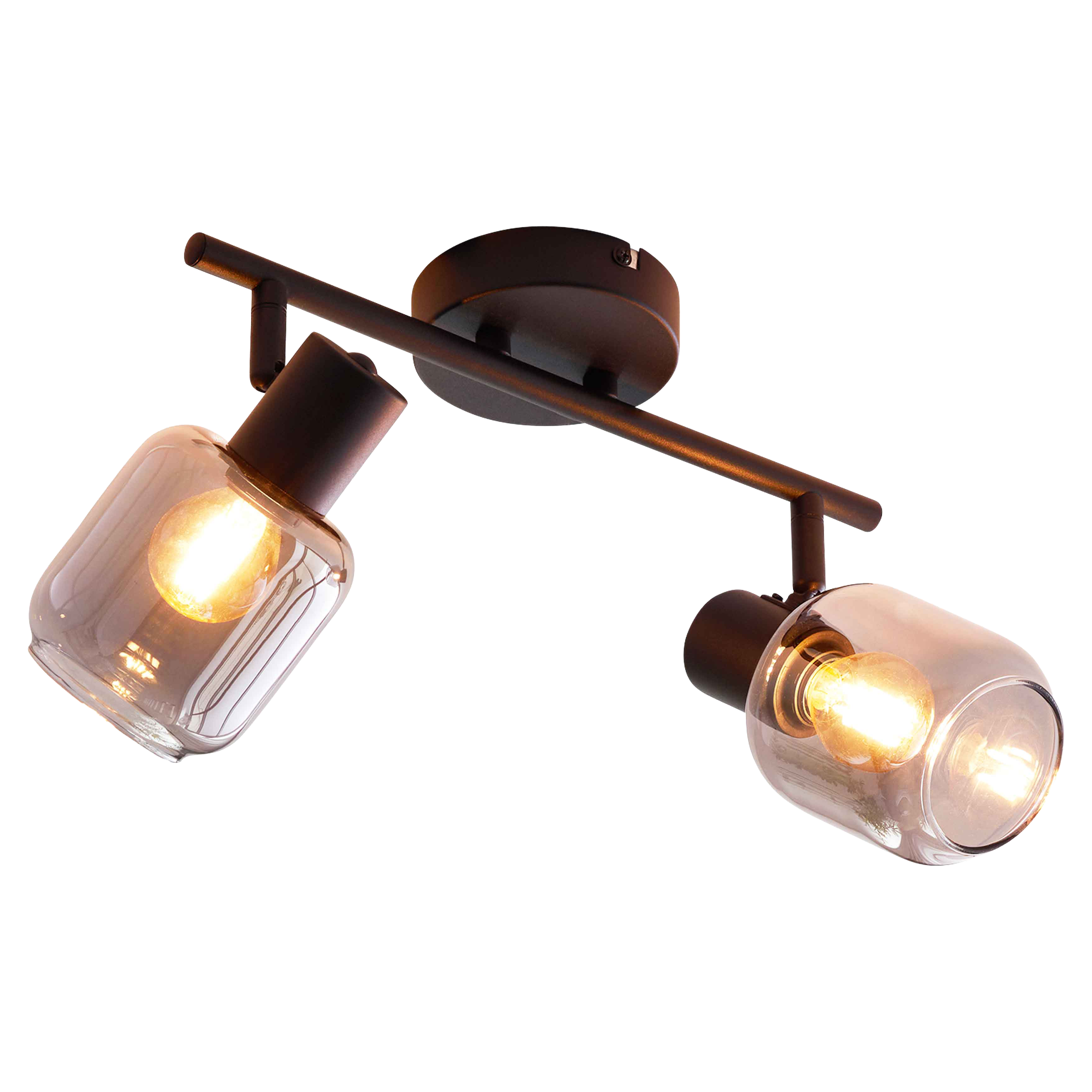 Zweiflammige Deckenleuchte mit runder Montageplatte, dunklem Metallbalken und zwei drehbaren Fassungen mit klaren Glasglocken.