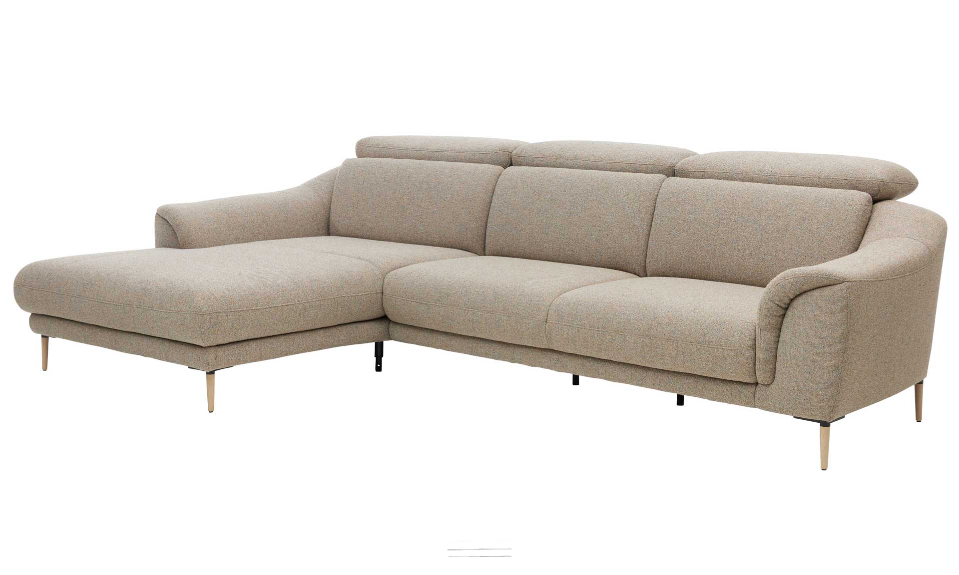 Ecksofa mit meliertem Stoff in Sand und schwarzen Winkelfüßen