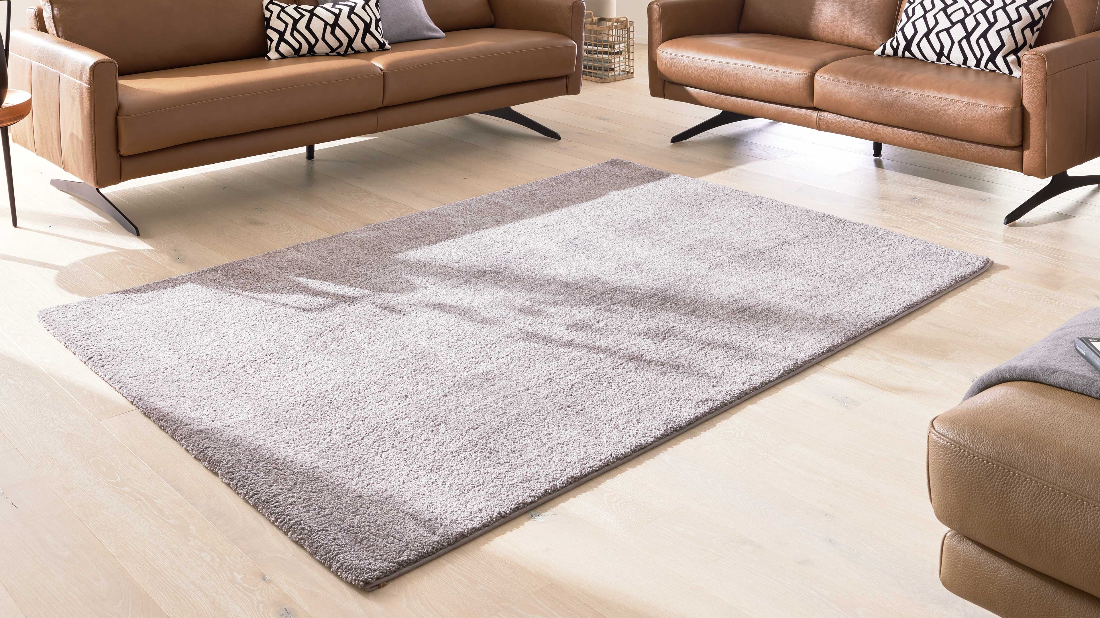 Heller rechteckiger, flauschiger Teppich liegt auf hellen Holzplanken, umgeben von zwei braunen Ledersofas mit gemusterten Kissen.