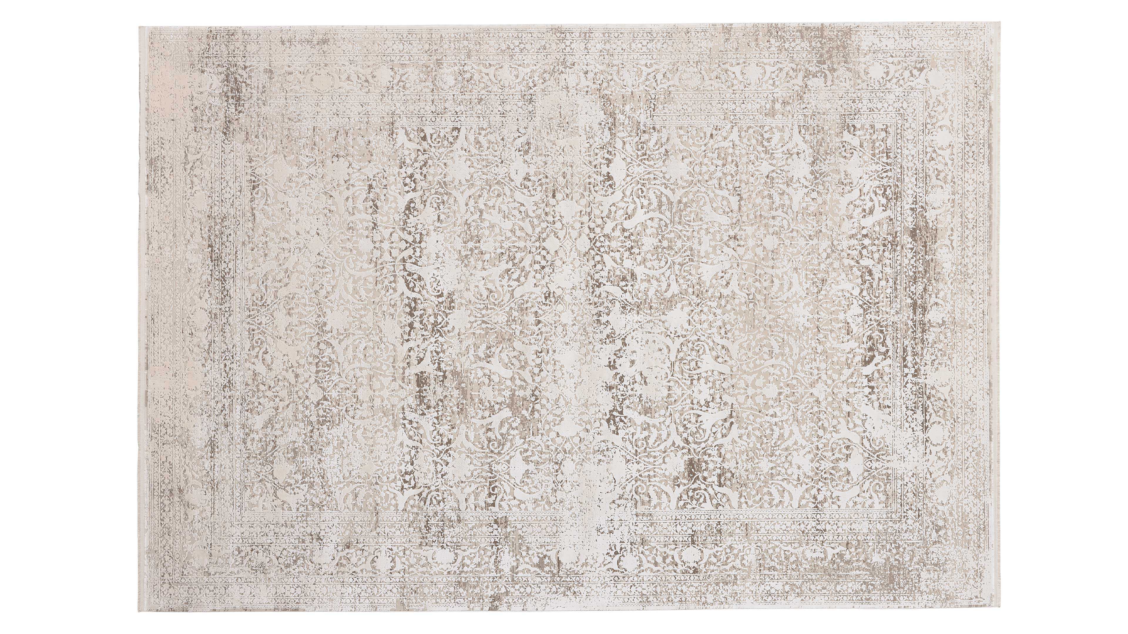 Großflächiger rechteckiger Teppich mit verblasstem floralen Ornamentmuster in Beige und Offwhite und einem feinen Bordürendekor.