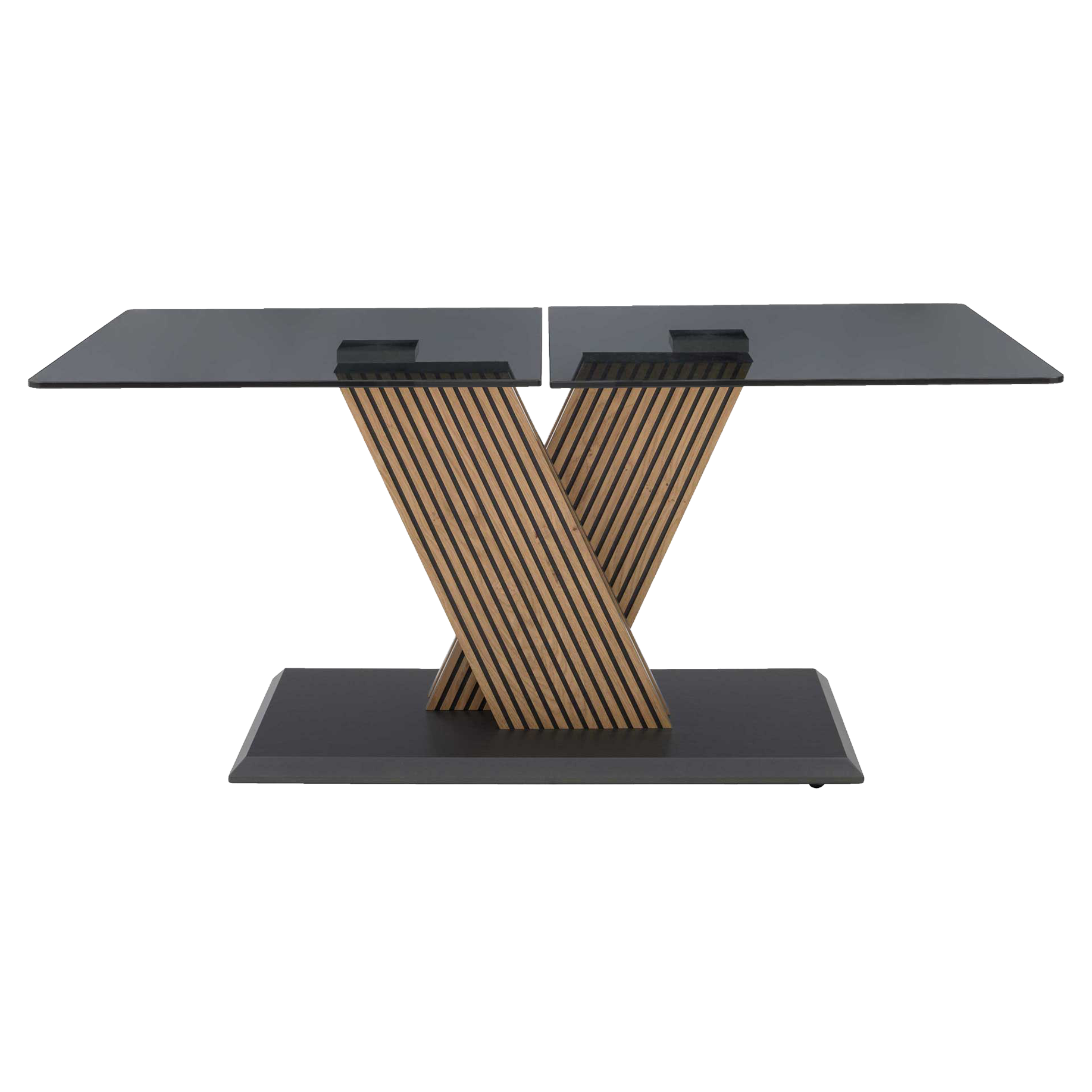 Couchtisch mit schwenkbaren Glasplatten und X-Gestell aus Holzlamellen
