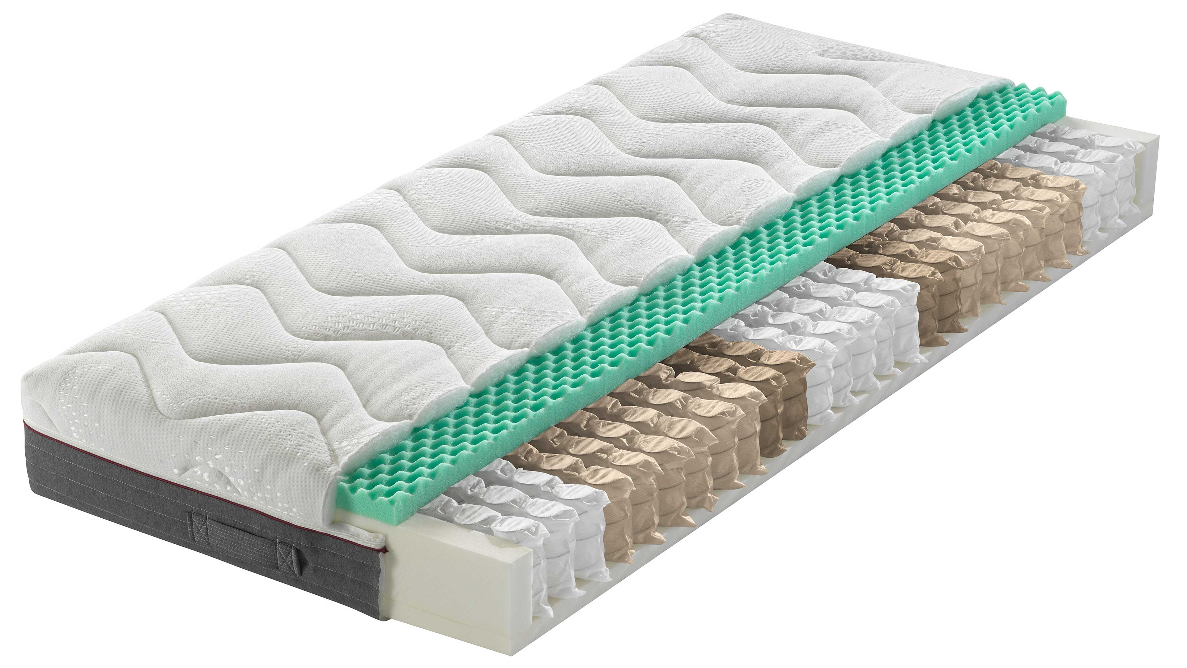 Matratzenquerschnitt mit weißer Oberfläche, grüner Noppenschaumauflage, beigen und weißen Taschenfedern sowie grauer Seitenbahn mit Griffen.