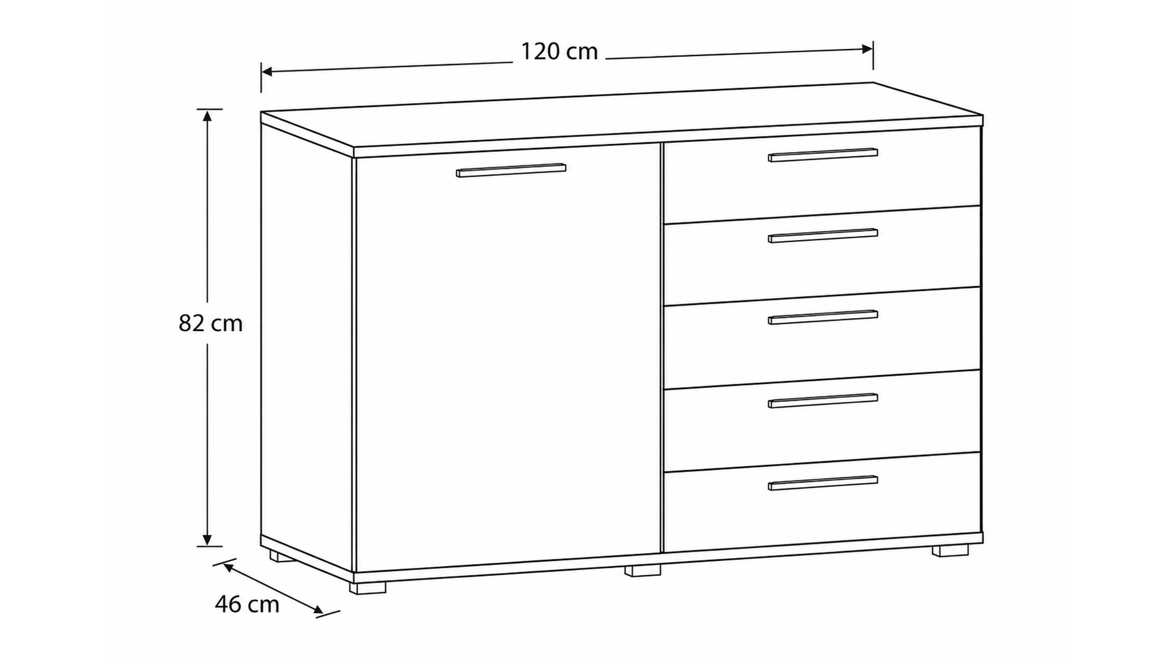 Kommode mit Tür und Schubladen für Stauraum im Schlafzimmer, Balkeneiche-Furnier und Mattlack in Sand