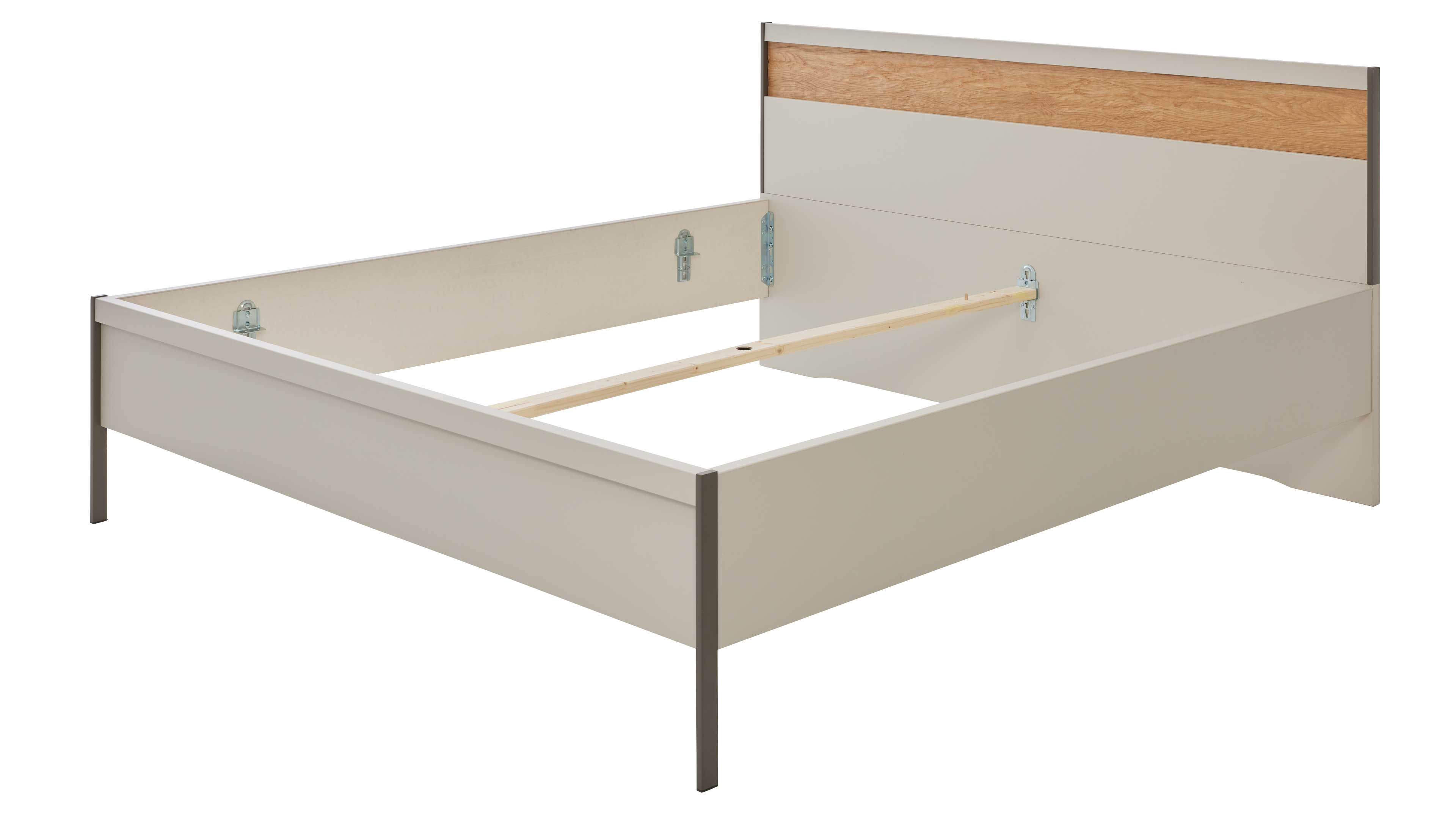 Vierteiliges Schlafzimmer mit Bett, Nachtkonsolen und großem Kleiderschrank in hellem Grau mit Holzakzenten