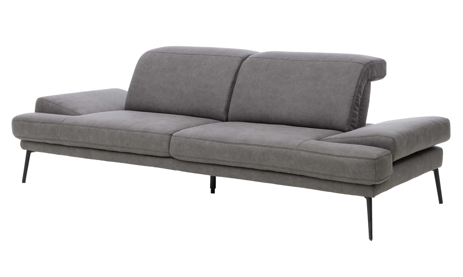 Zweisitzer-Sofa mit dunkelgrauem Stoffbezug und schwarzen Metallfüßen