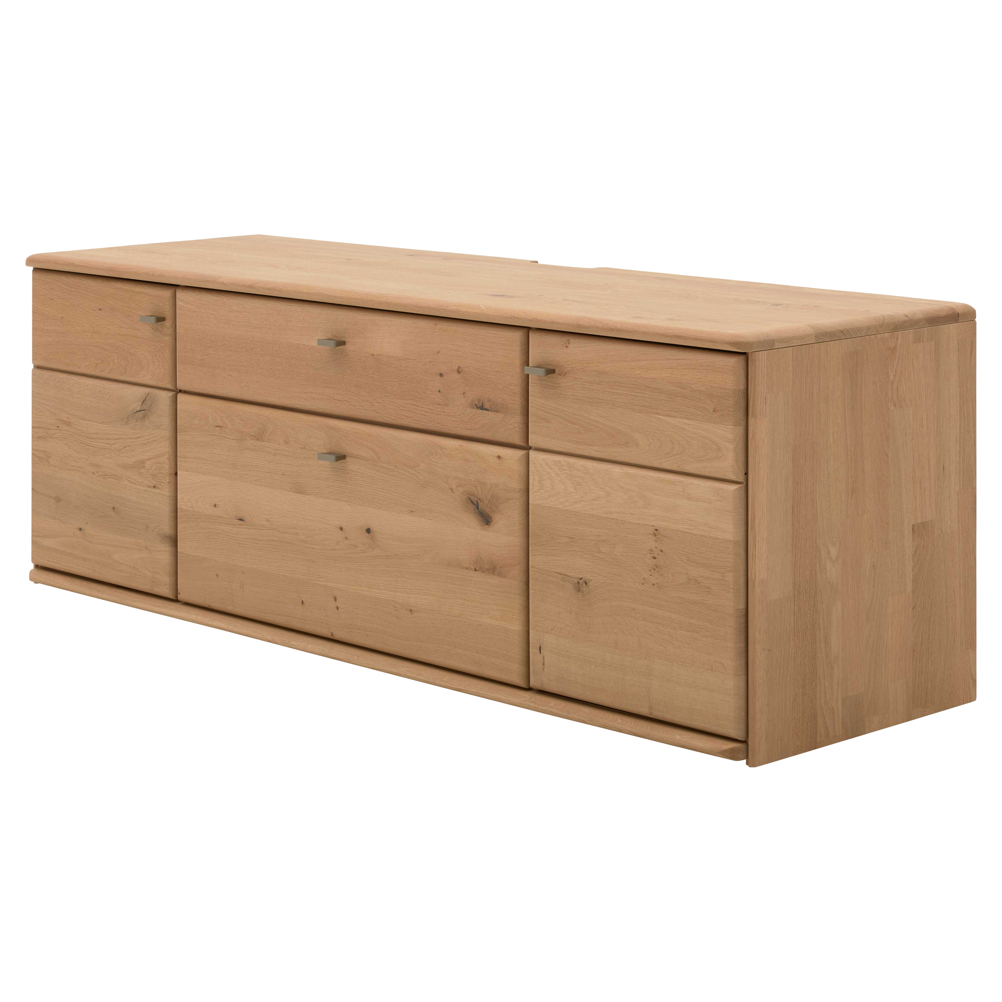 Sideboard aus hellem Holz mit sichtbarer Maserung, drei oberen Schubladen, drei unteren Fronten und kleinen rechteckigen Metallgriffen.