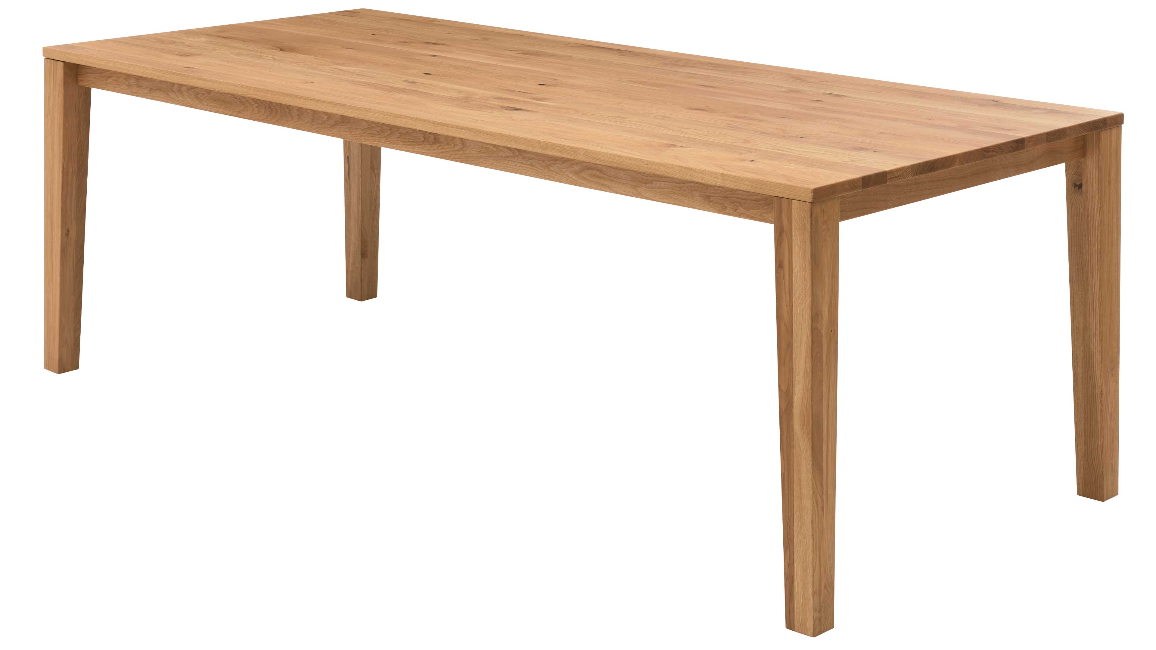 Rechteckiger Holztisch mit sichtbarer Holzmaserung, flacher Tischplatte und vier quadratischen Beinen in Naturton.