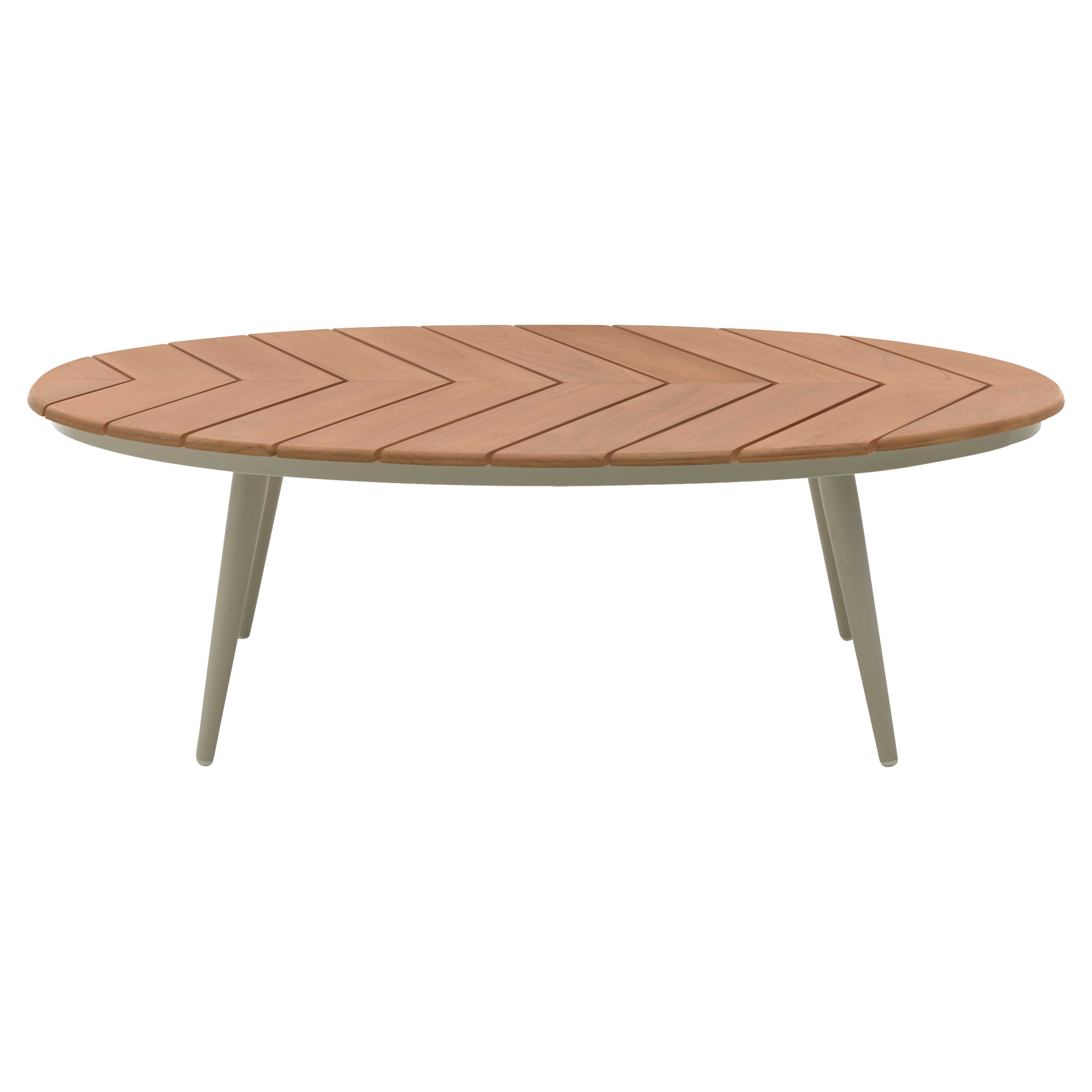 Runder Couchtisch mit hellbraunem, chevronartig angeordnetem Holzplatten-Tischblatt und vier schlanken, schräg gestellten graubeigen Beinen.